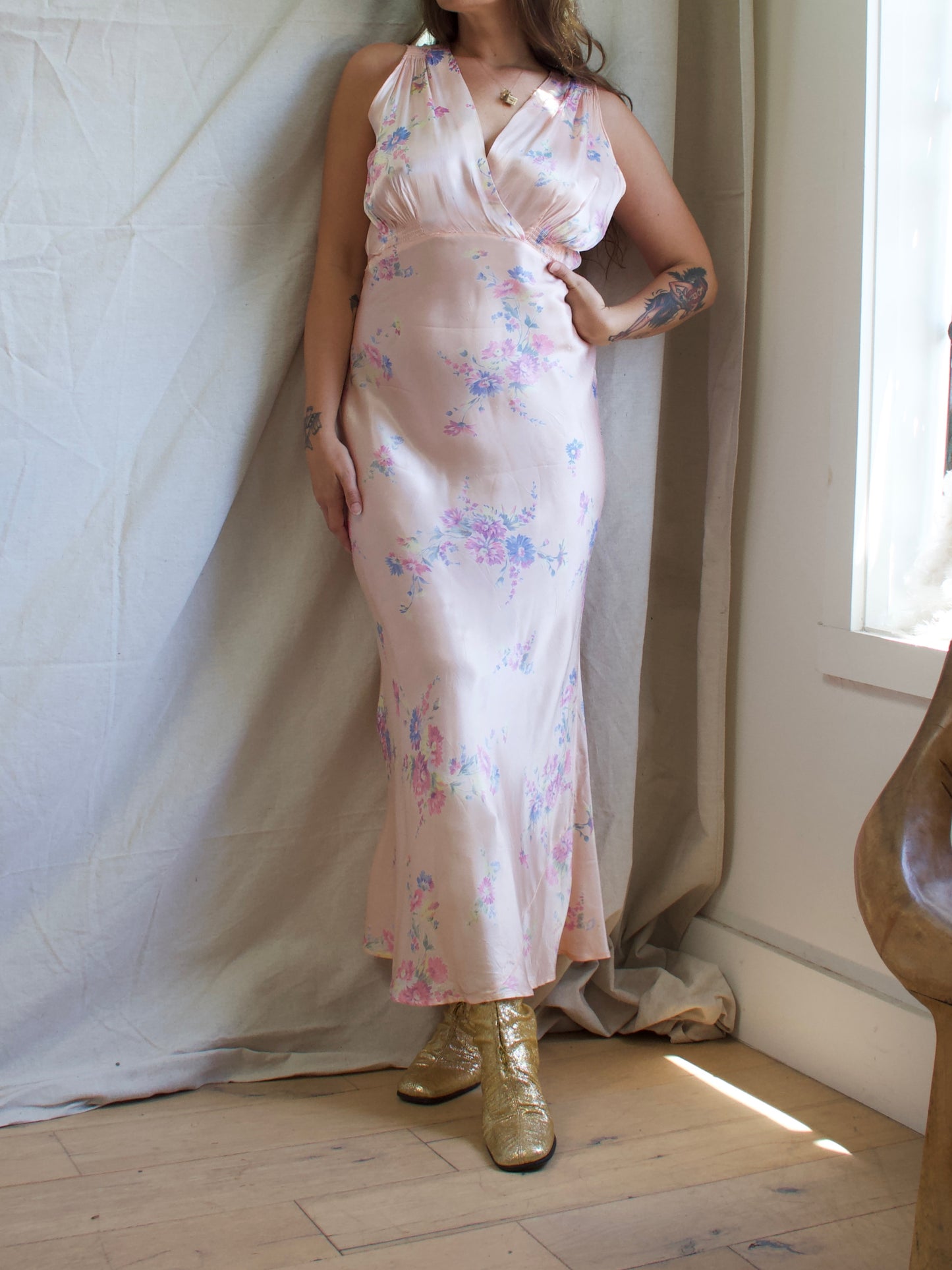 1930s Floral Satin Bias Cut Slip Dress