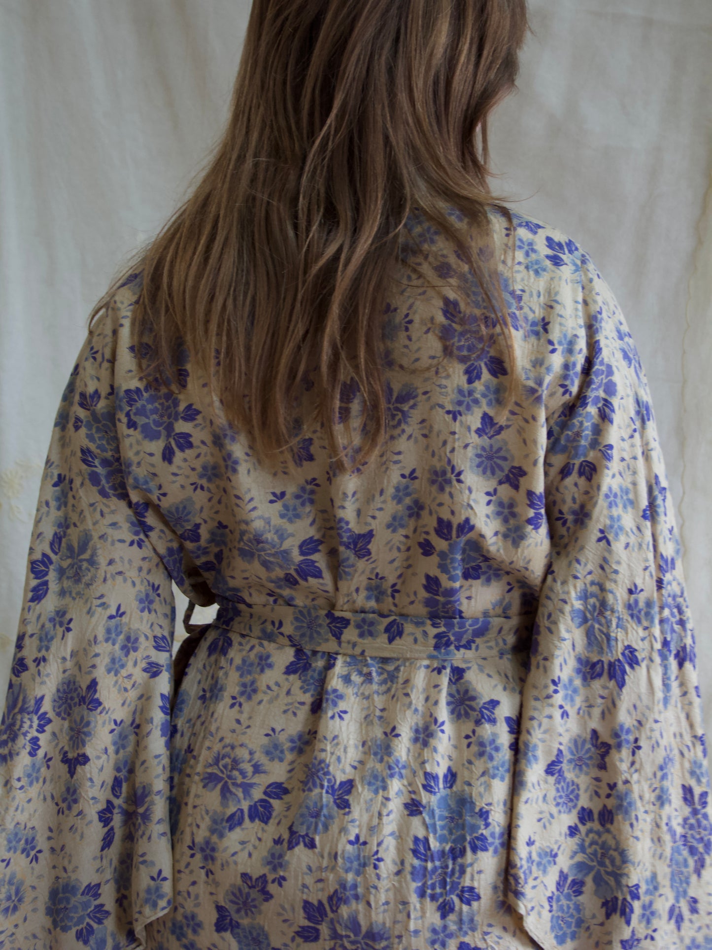 Antique 1920s Reversible Flutter Sleeve Floral Pongee Silk Robe