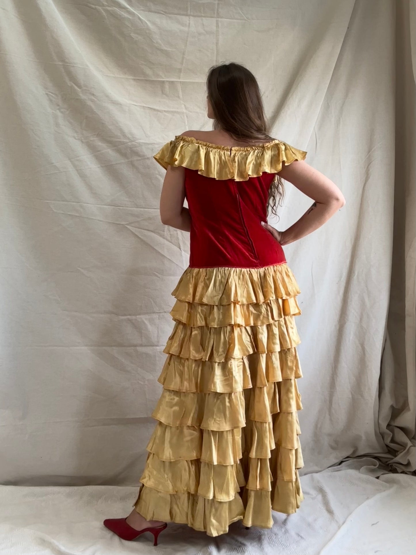 1930s Crimson Velveteen & Gold Liquid Satin Tiered Ruffle Gown