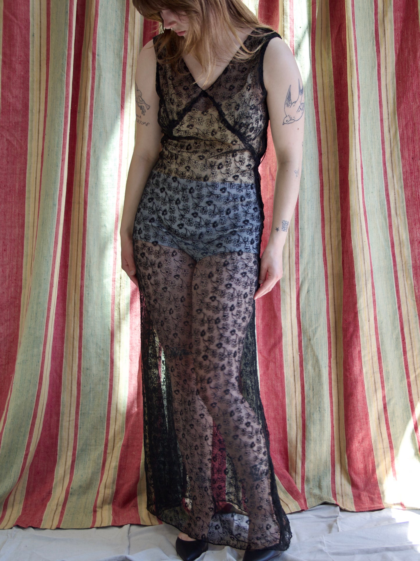 1930s Inky Black Embroidered Net Low Back Dress