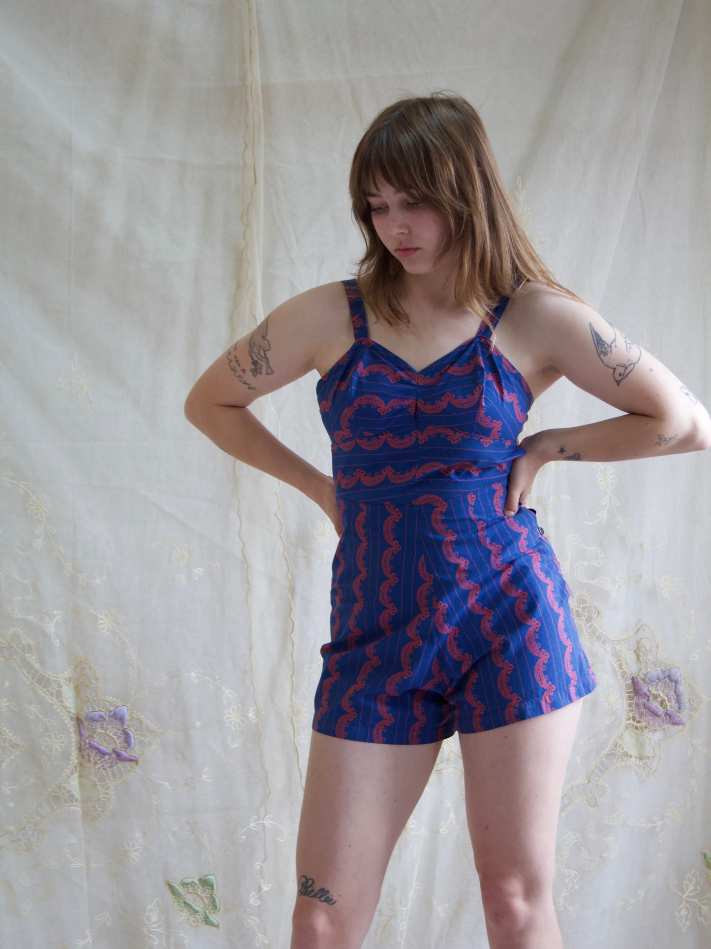1940s Indigo Cotton Novelty Print Open-Tie-Back Side Button Playsuit