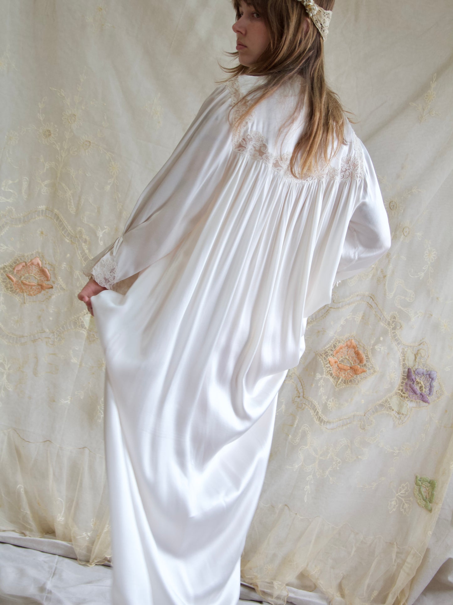 Rare 1930s Silk Lace Hand Sewn Balloon Sleeve Deep V Trousseau Gown