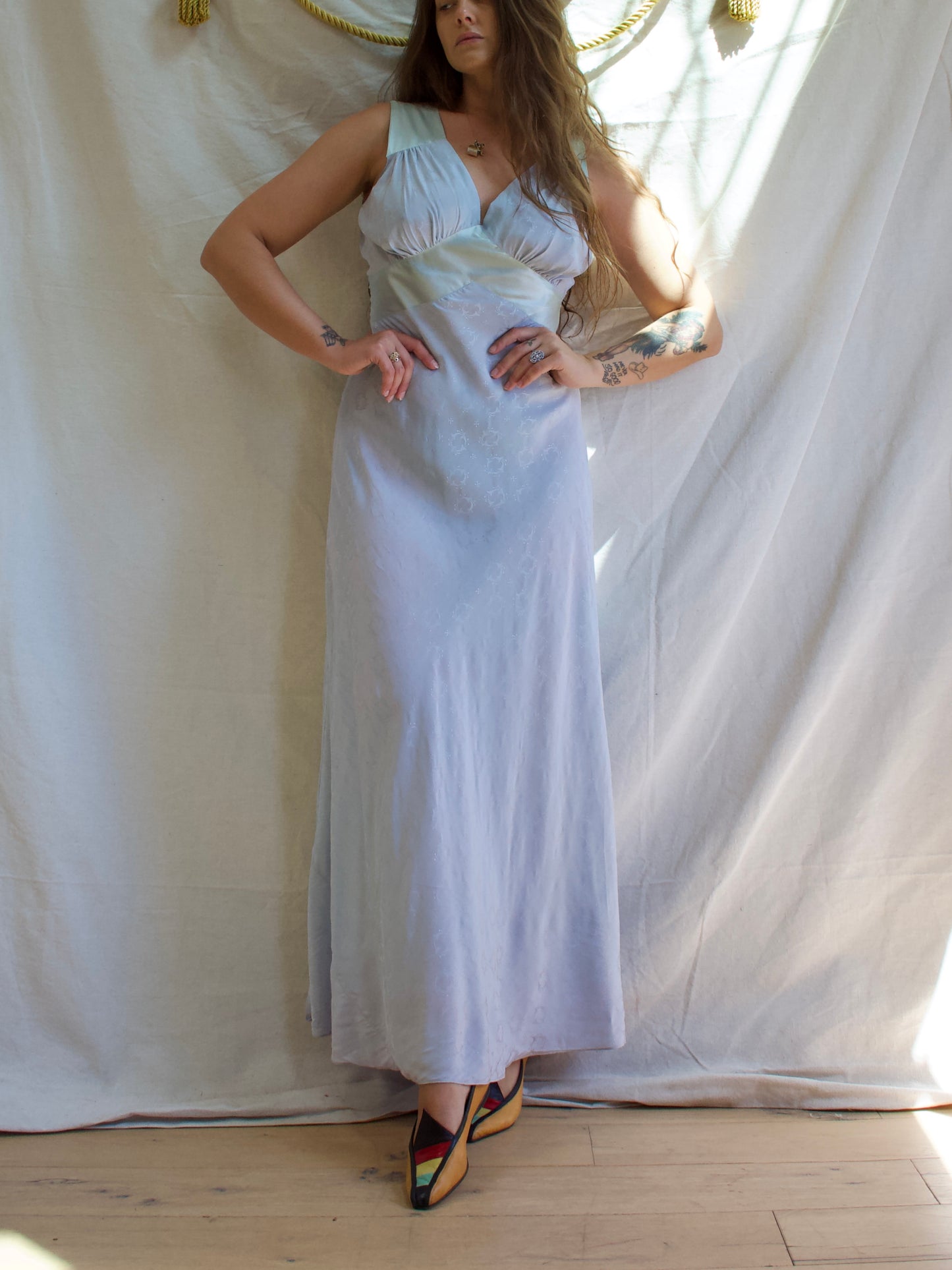 Headstock 1940s Icey Blue Silk Rayon Brocade Bias Cut Slip Dress