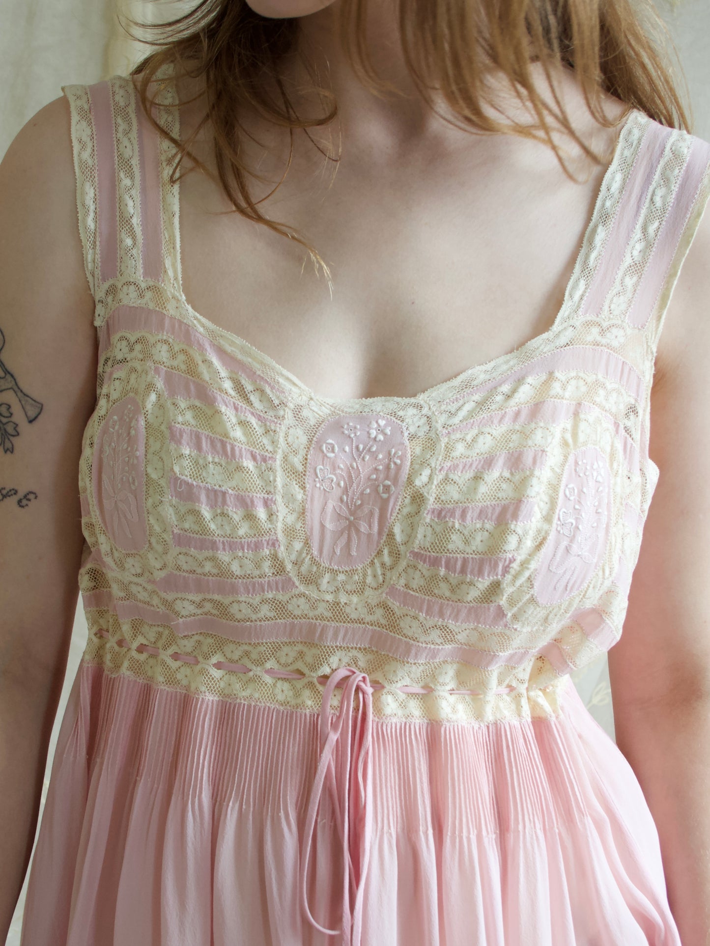 1930s Pale Silk Chiffon & Lace Hand Embroidered Slip Dress