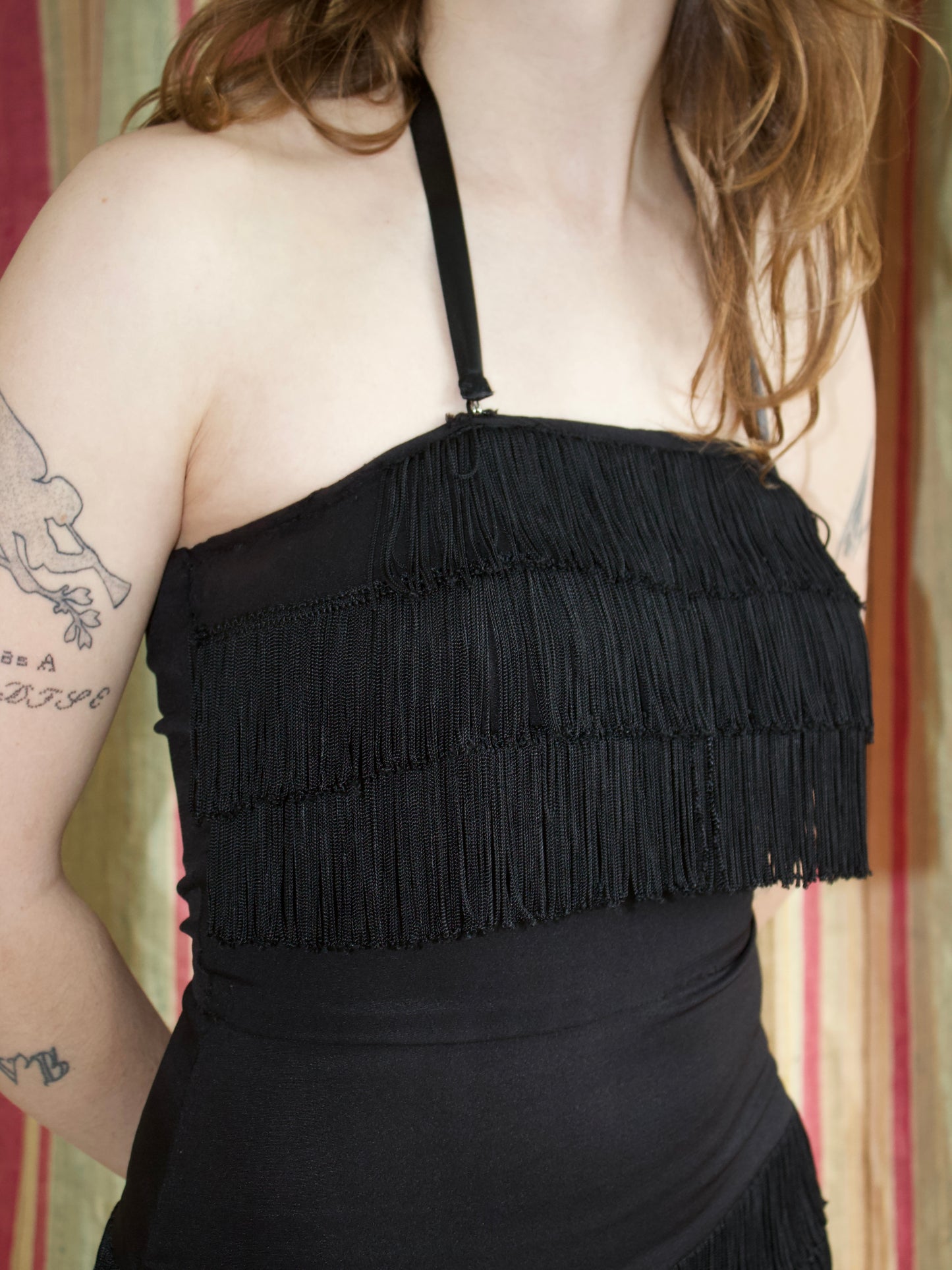 Rare 1940s Halter Style Floor Length Fringe Crepe Gown