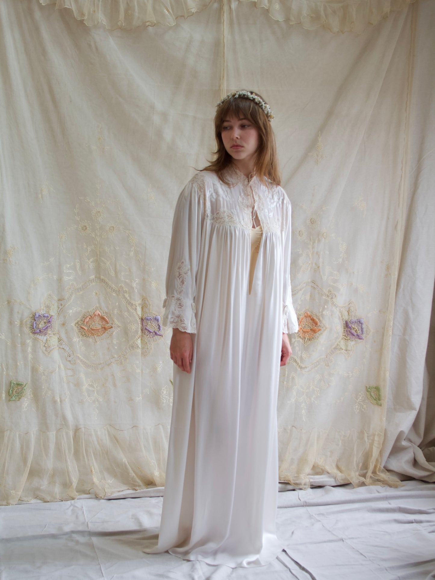 Rare 1930s Silk Lace Hand Sewn Balloon Sleeve Deep V Trousseau Gown