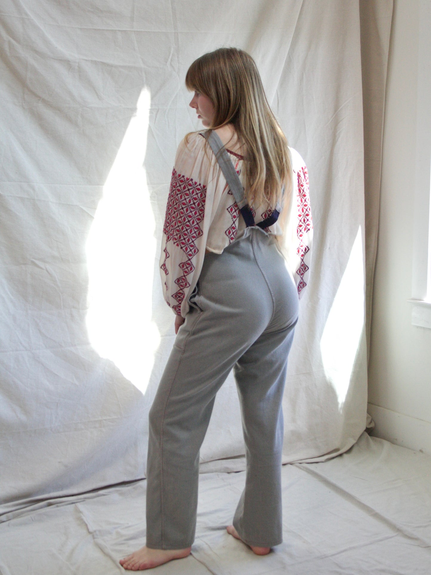 1940s/1950s Faded Cotton Side Button Bib Front Workwear Overalls