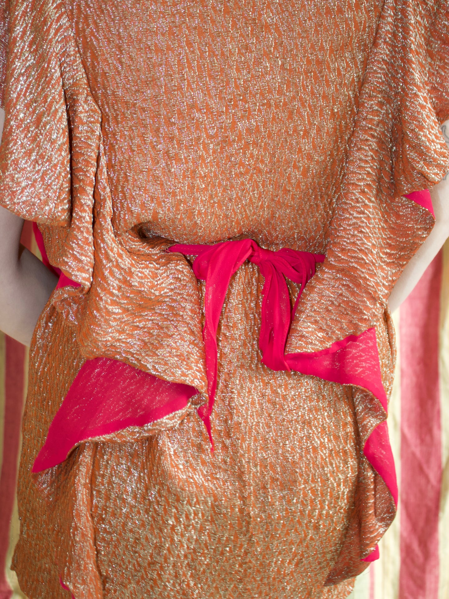 1930s Tangerine Lamé Ruffle Tunic w* Sash