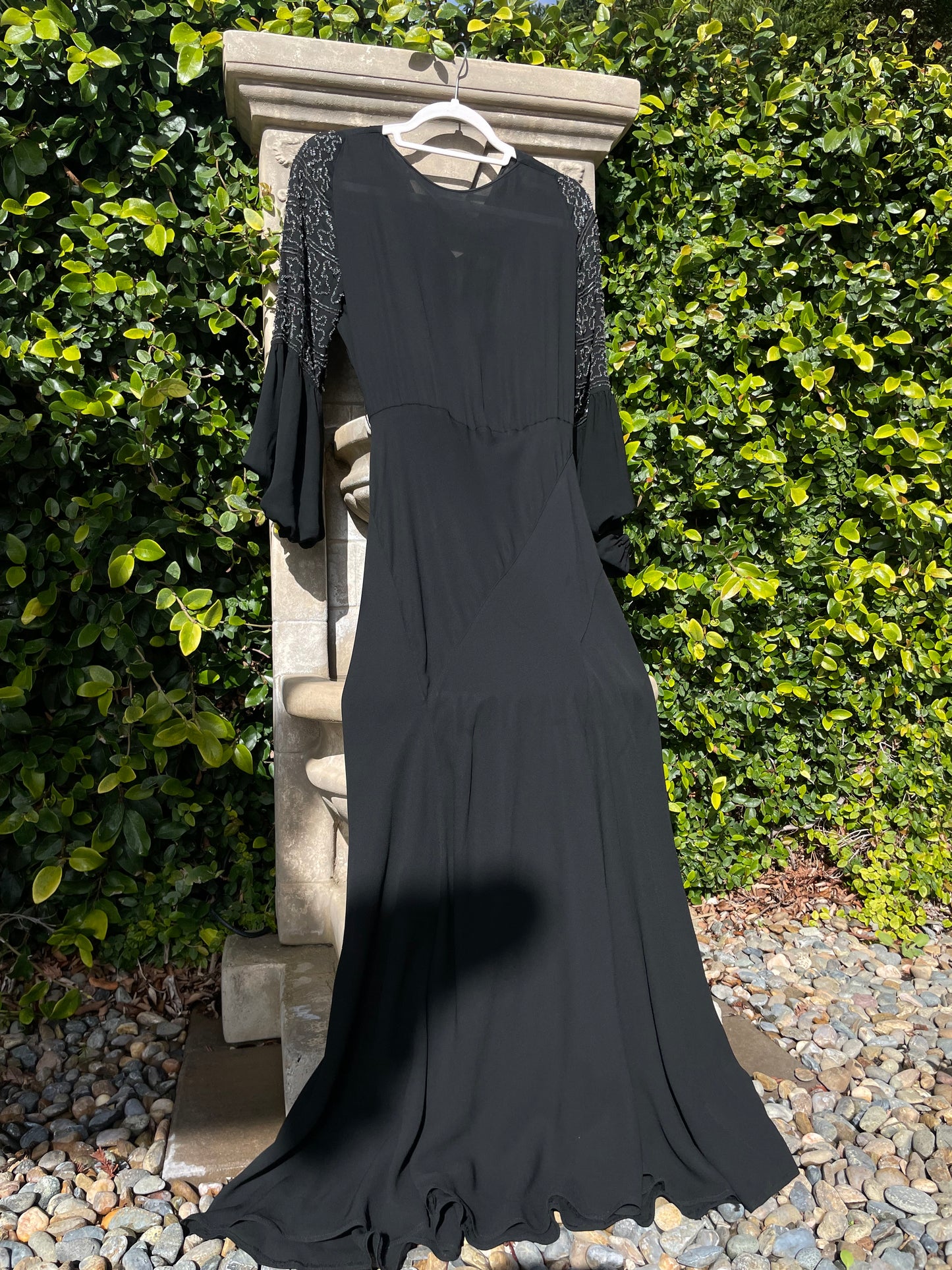 1930s Deco Jet Black Silk Crepe Glass Beaded Bishop Sleeve Dress