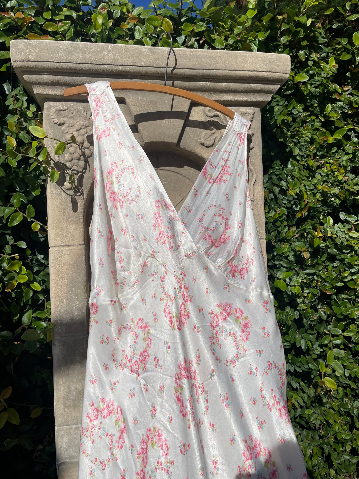 1940s Floral Wreath Rayon Satin Bias Cut Slip Dress