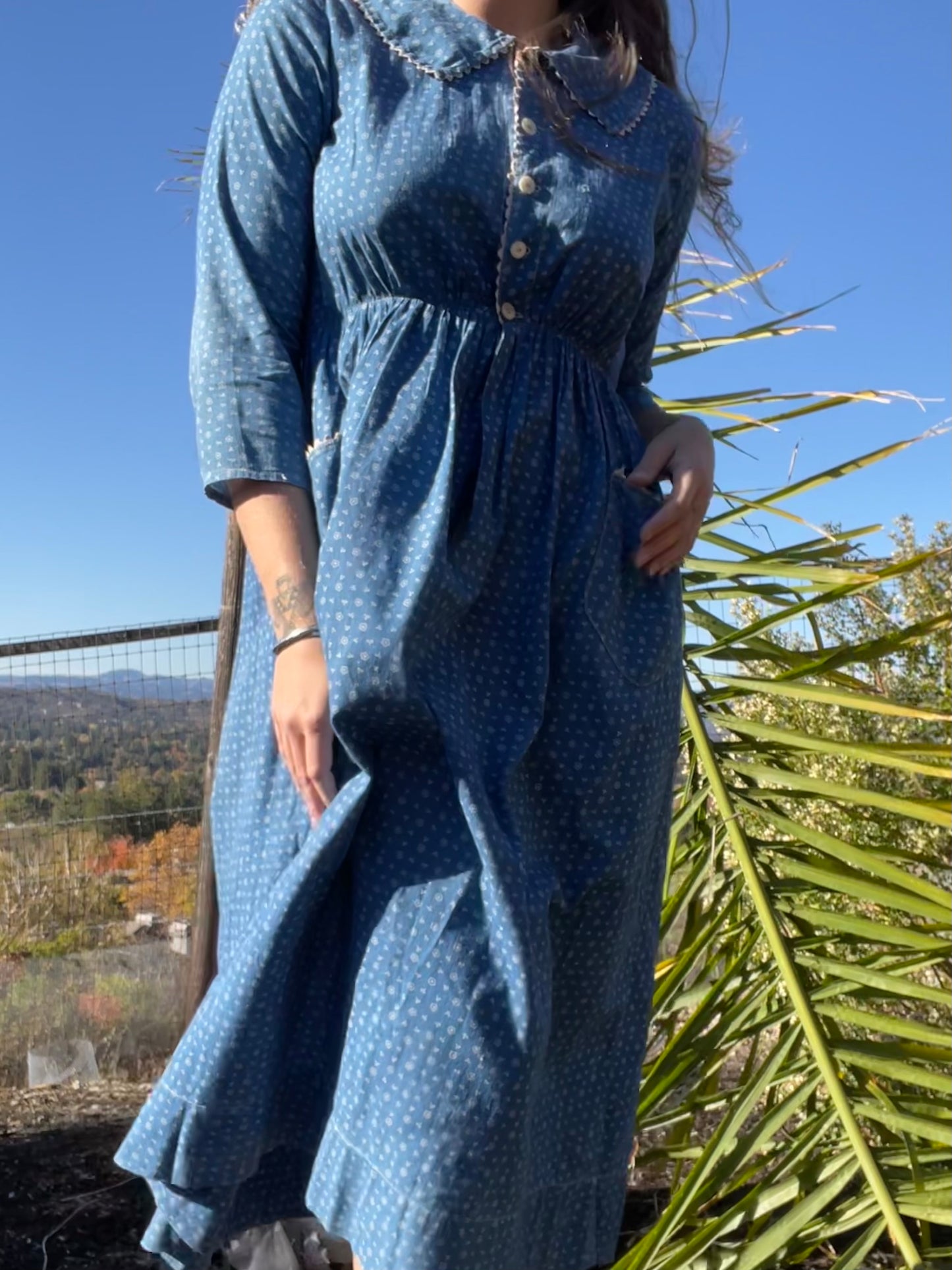 Edwardian Indigo Calico Sailor Collar Workwear Dress
