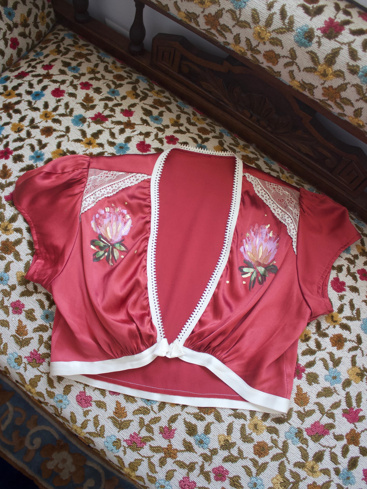 Hand Painted Cranberry Silk Cap Sleeve Crop Blouse Modern Does Vintage