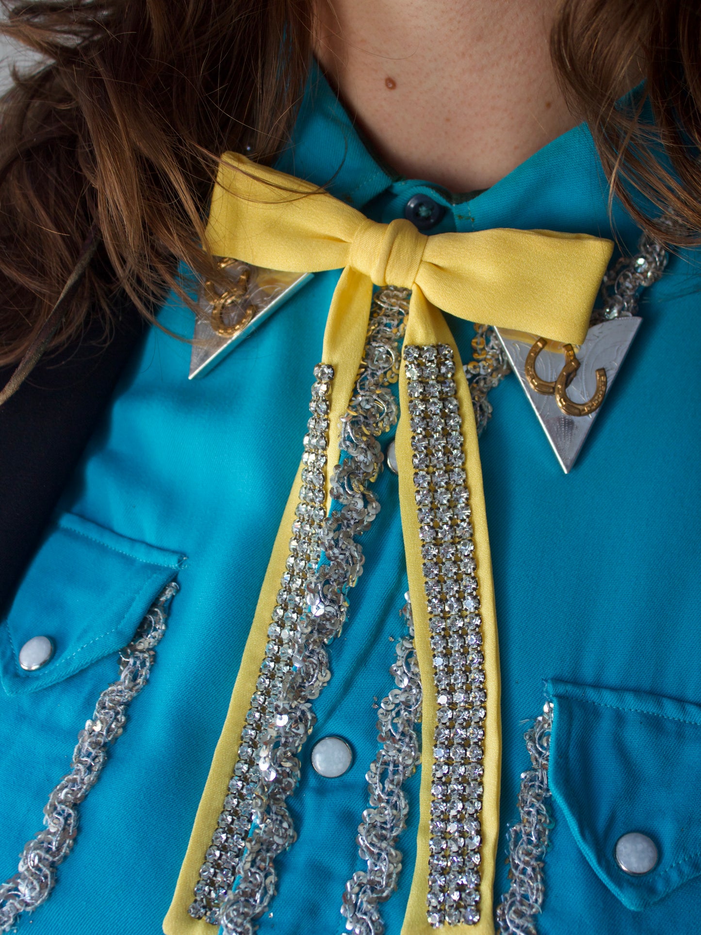 1950s Lee 101 Electric Turquoise Sequin Embellished Western Two Piece Suit W* Bow Clip