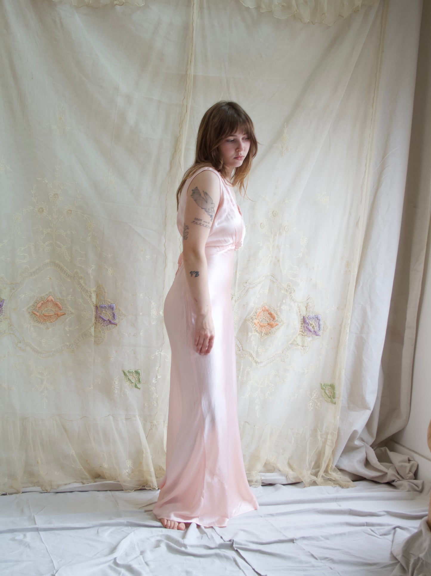 1940s Silk/Rayon Ballet Pink Floral Applique Bias Cut Slip Dress