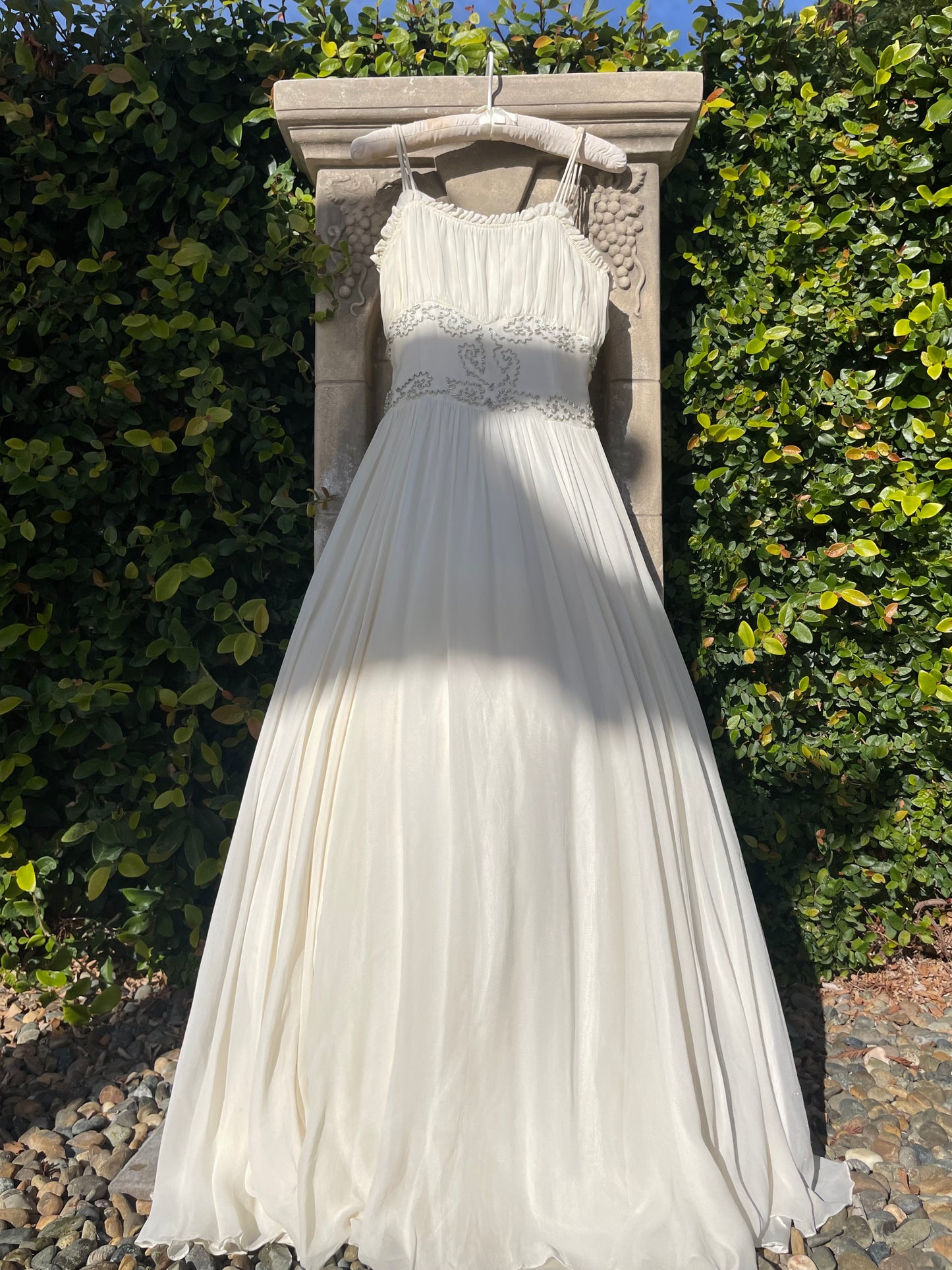 1940s Metallic Soutache Embroidered Chiffon Gown