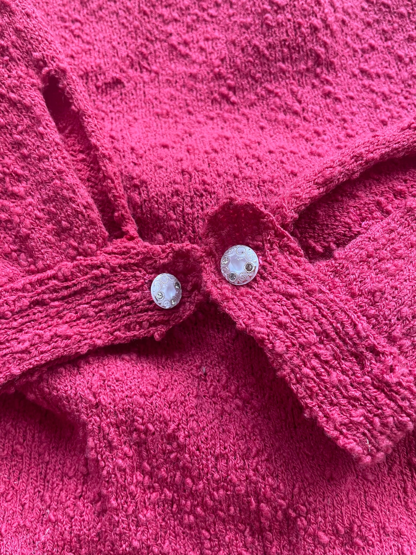 1950s Raspberry Two Piece Bouclé Knit Dress Set With Dog Glass Buttons