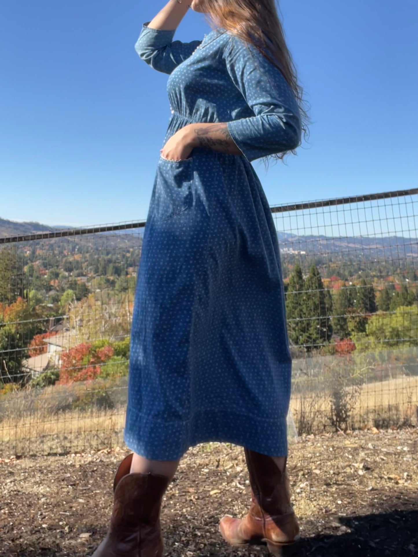Edwardian Indigo Calico Sailor Collar Workwear Dress