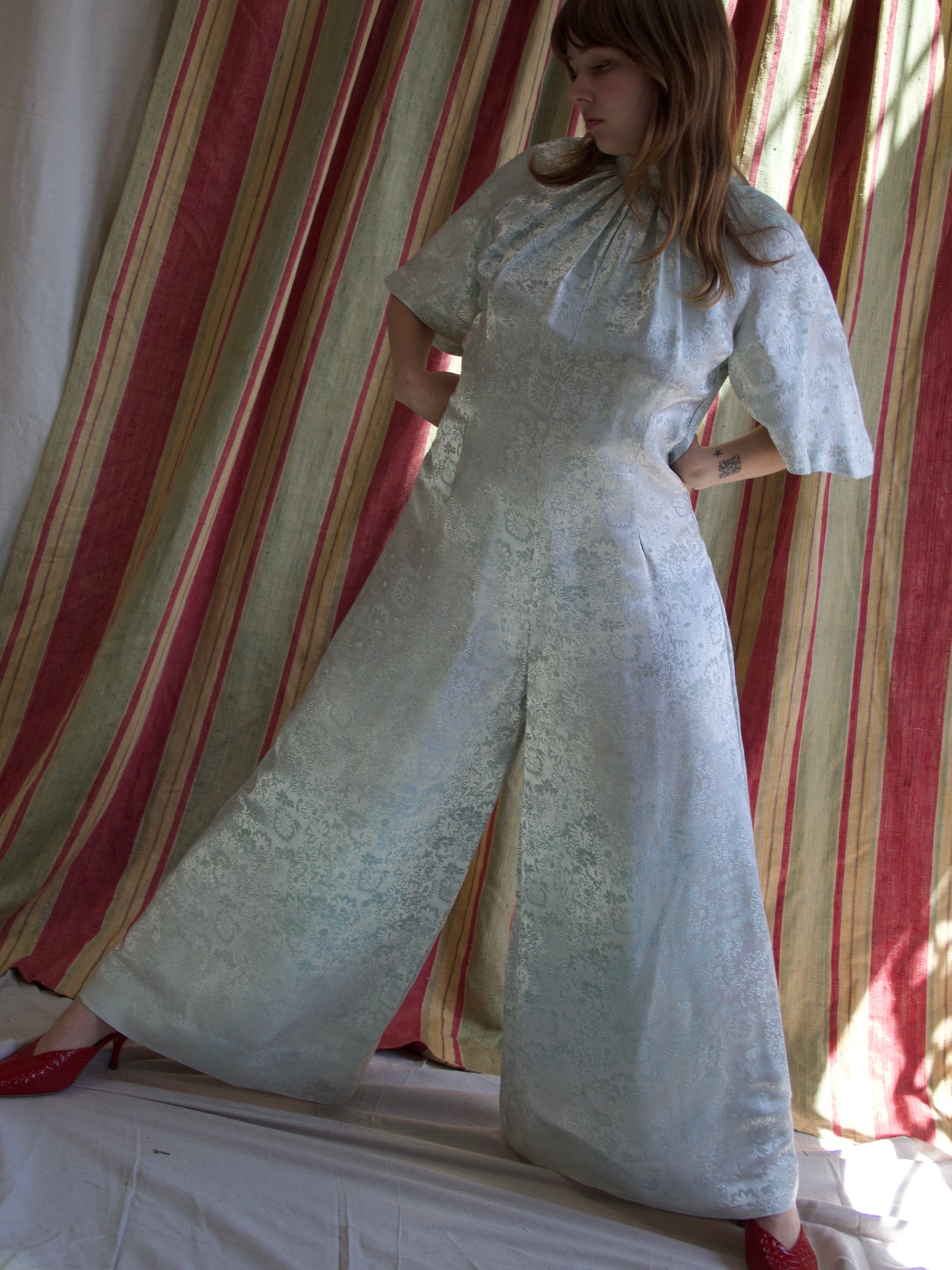 1970s Faux Silk Damask Bell Sleeve High Neck Palazzo Pant Jumpsuit