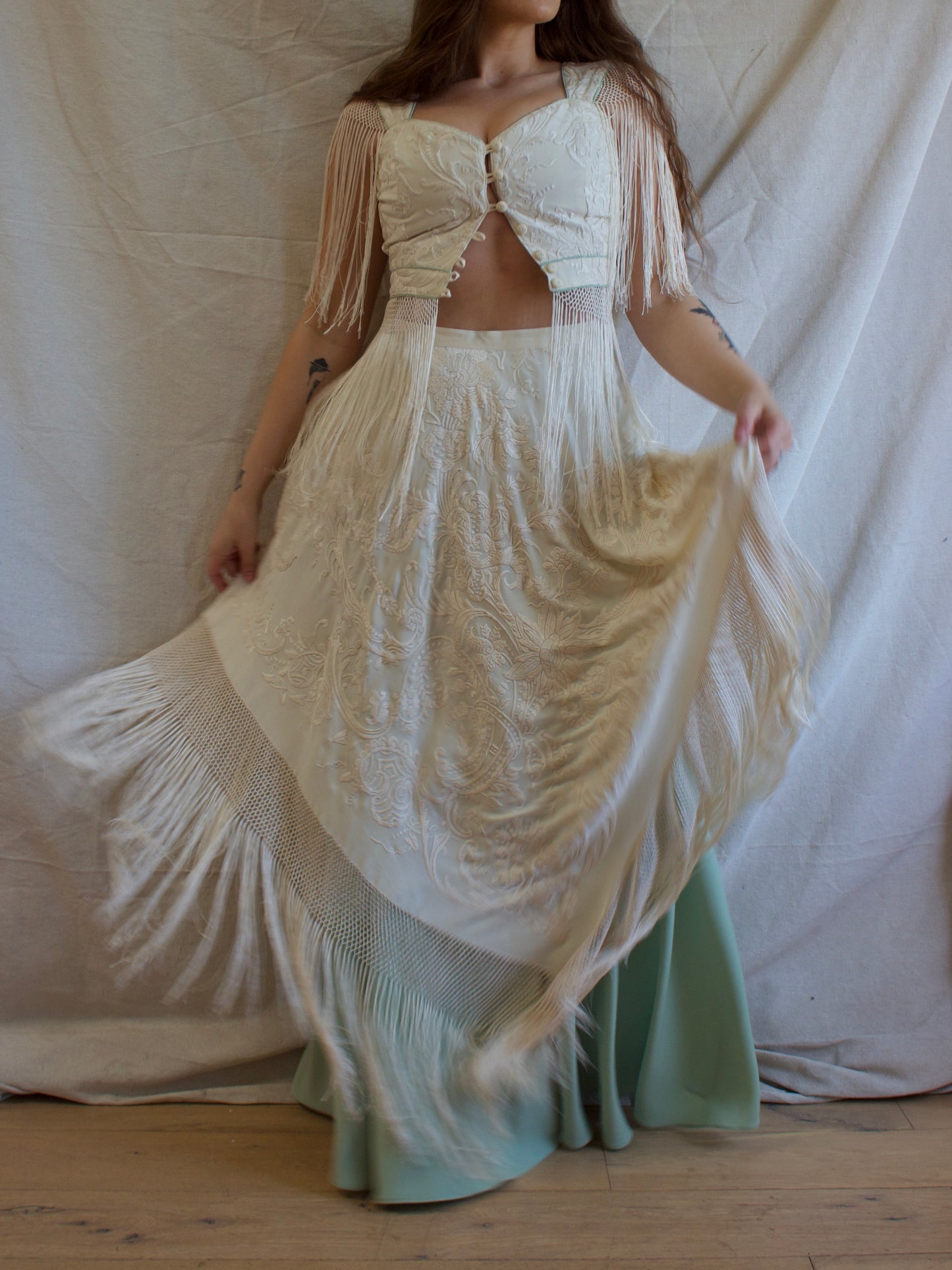 Antique Embroidered Fringe Piano Shawl Made Two Piece Gown