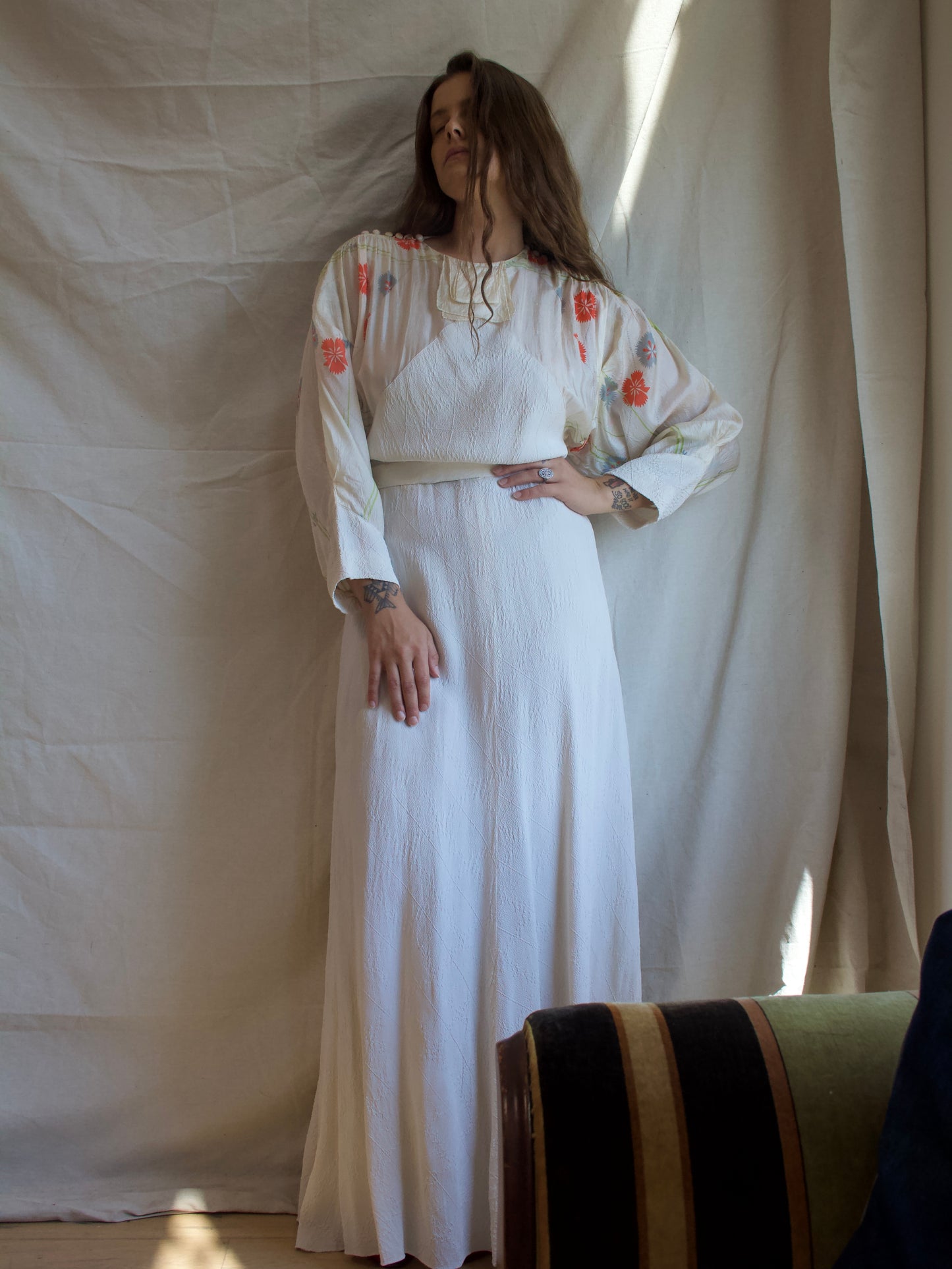 1930s Ivory Crepe & Floral Silk Dolman Sleeve Gown