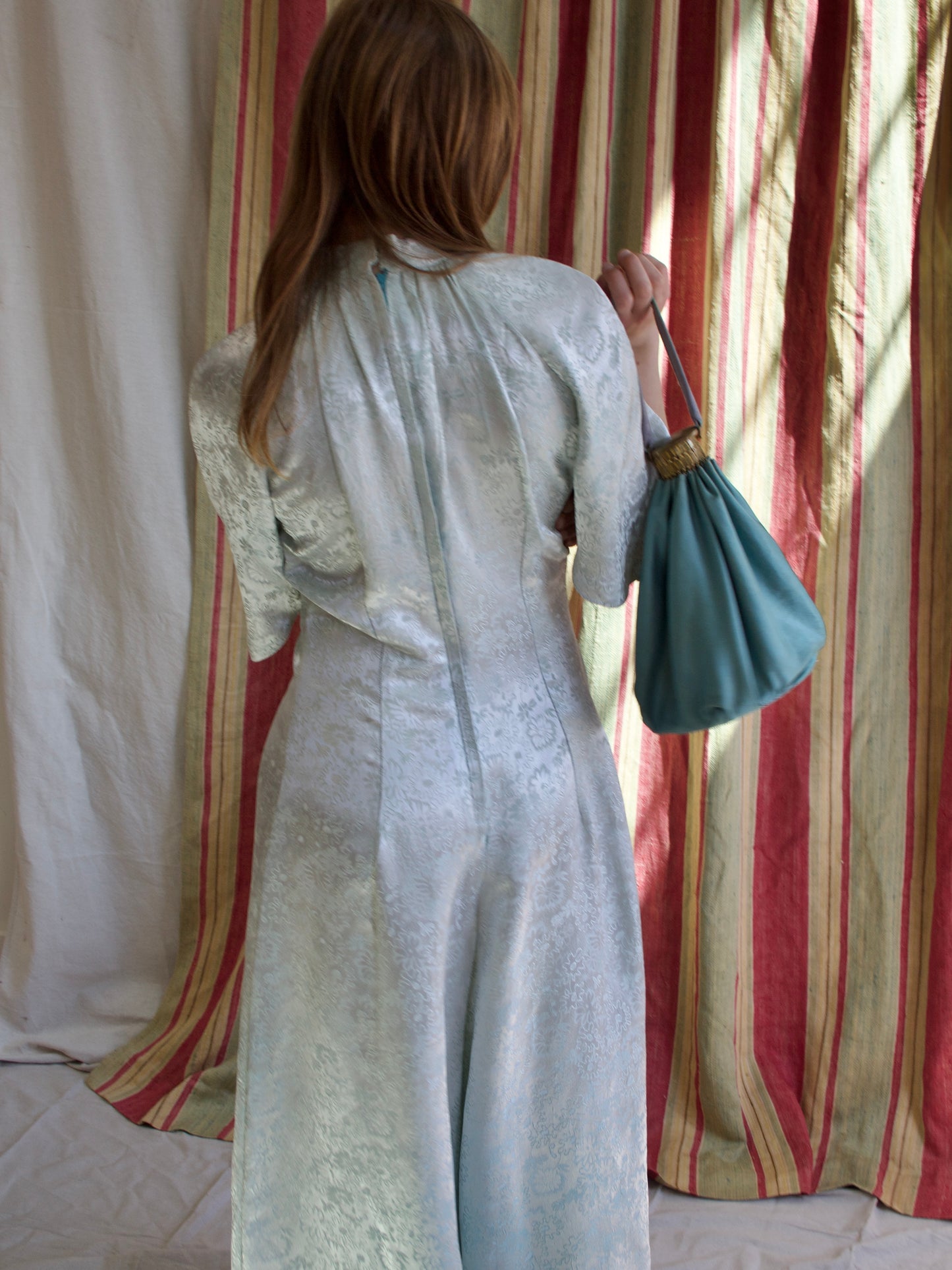 Antique 1920s Pale Pastel Aqua Silk Accordion Closure Bag