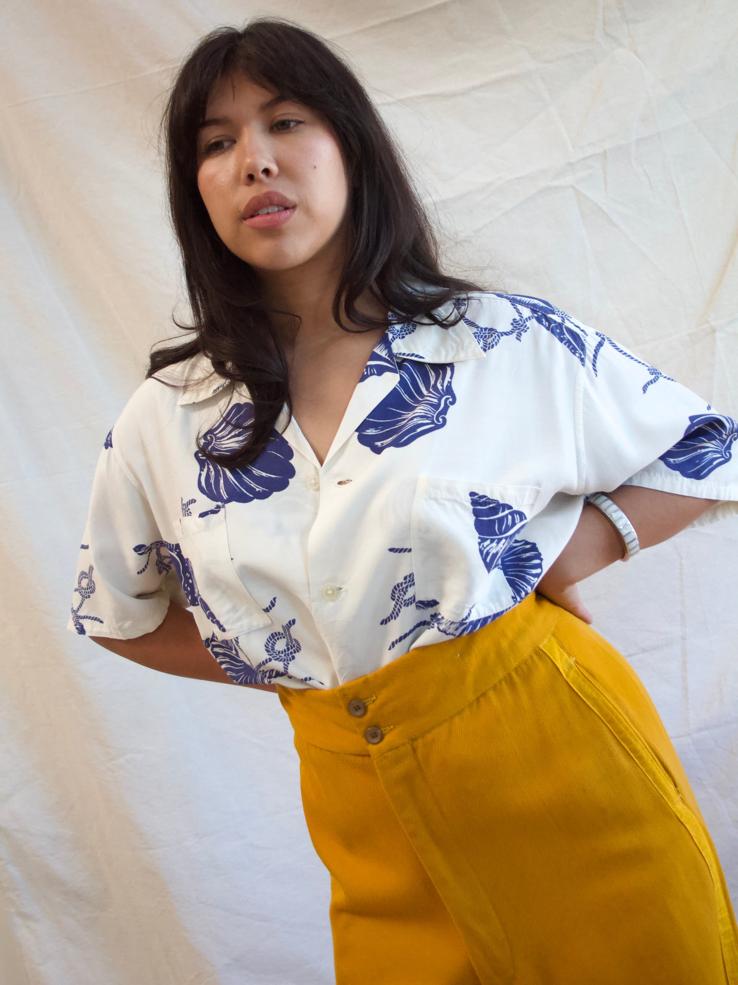1940s Nautical Sea Shell Print Rayon Shirt