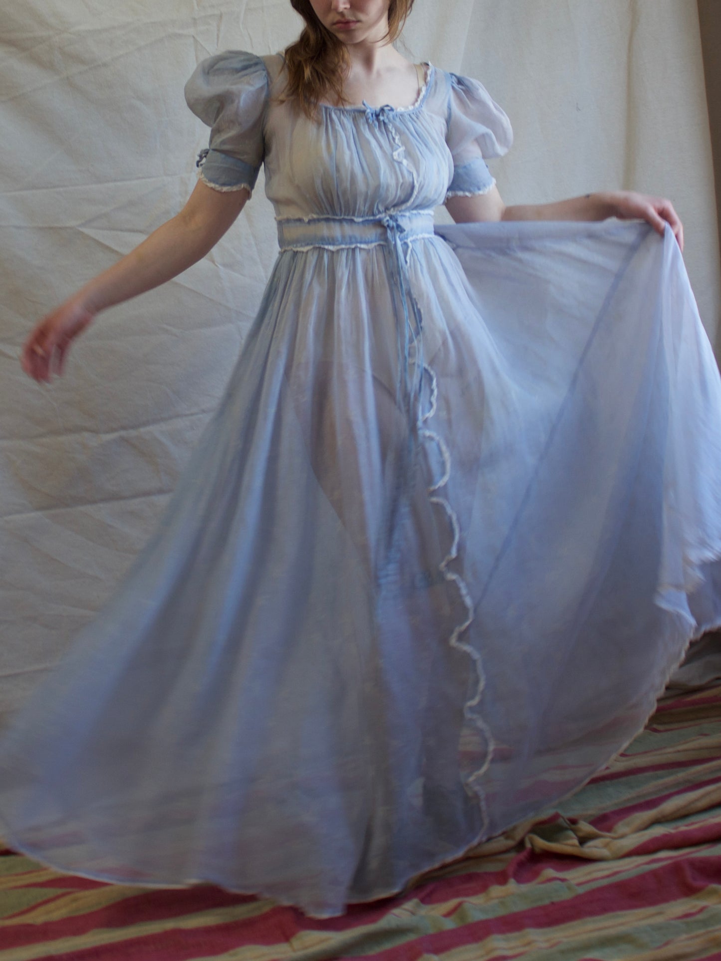 1940s Novelty Print Organza Puff Sleeve Ice Blue Dress