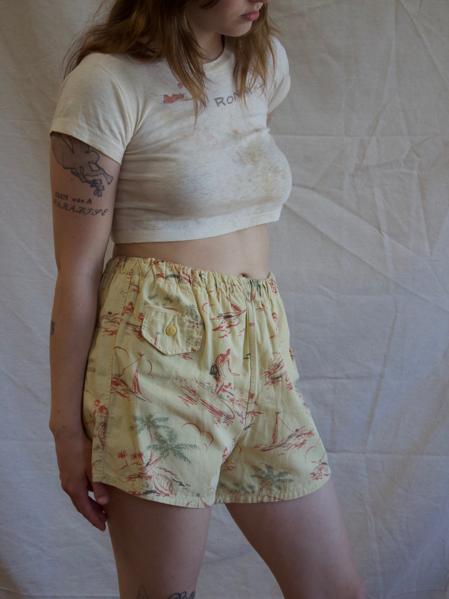 1940s/1950s Hawaiiana Surfer Print Swim/Play Shorts