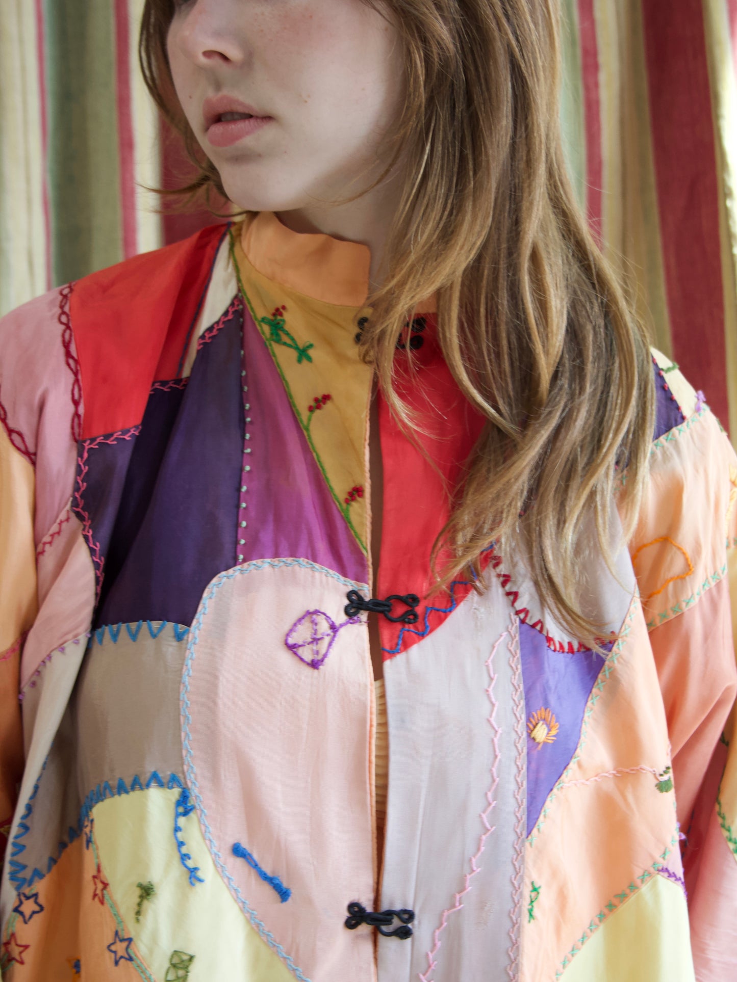 1940s Neon Rayon Crazy Quilt Bell Sleeve Tunic Style Jacket