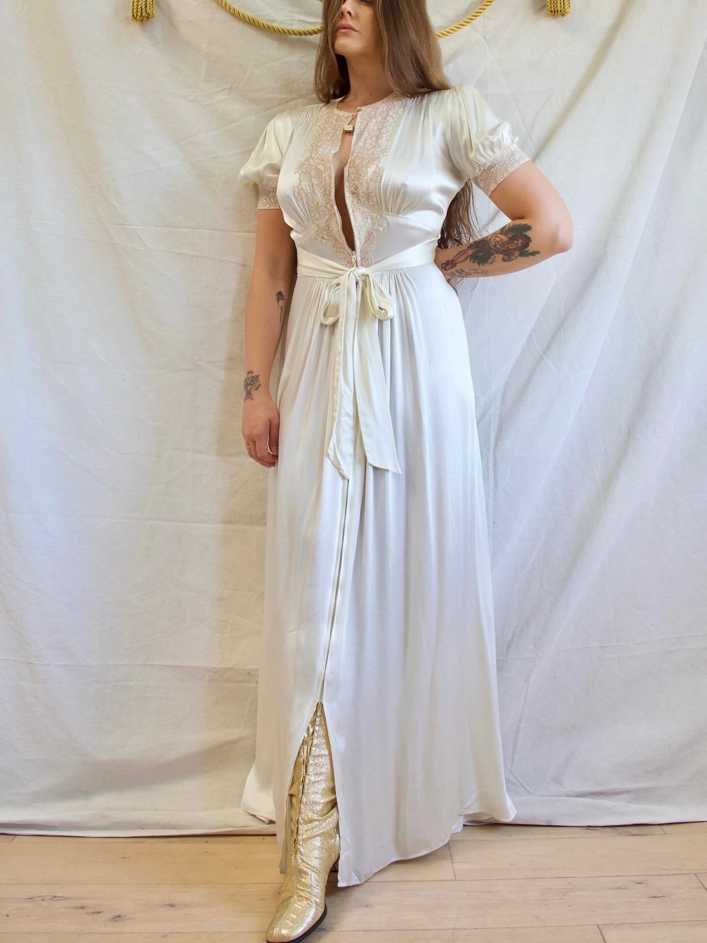 Late 1930s Liquid Silk Satin Trained Zip Front Inset Lace Gown