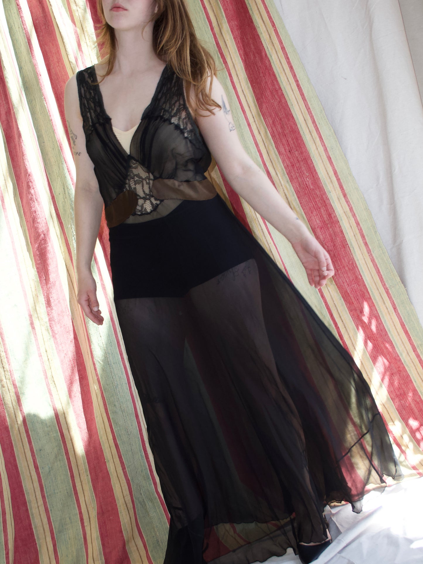 1930s Plunging Bias Cut Two Tone Silk Chiffon & Lace Trim Gown