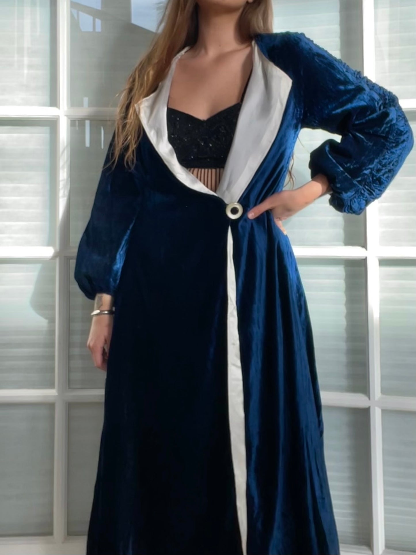 1940s Navy Velvet Bishop Sleeve Robe Style Coat