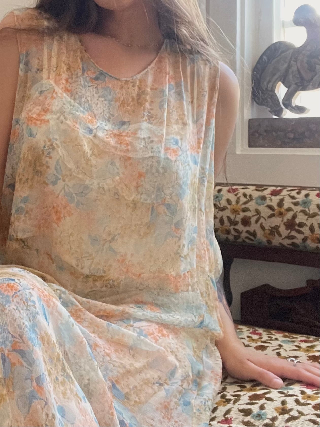 1920s Springtime Floral Silk Chiffon Drop Waist Dress