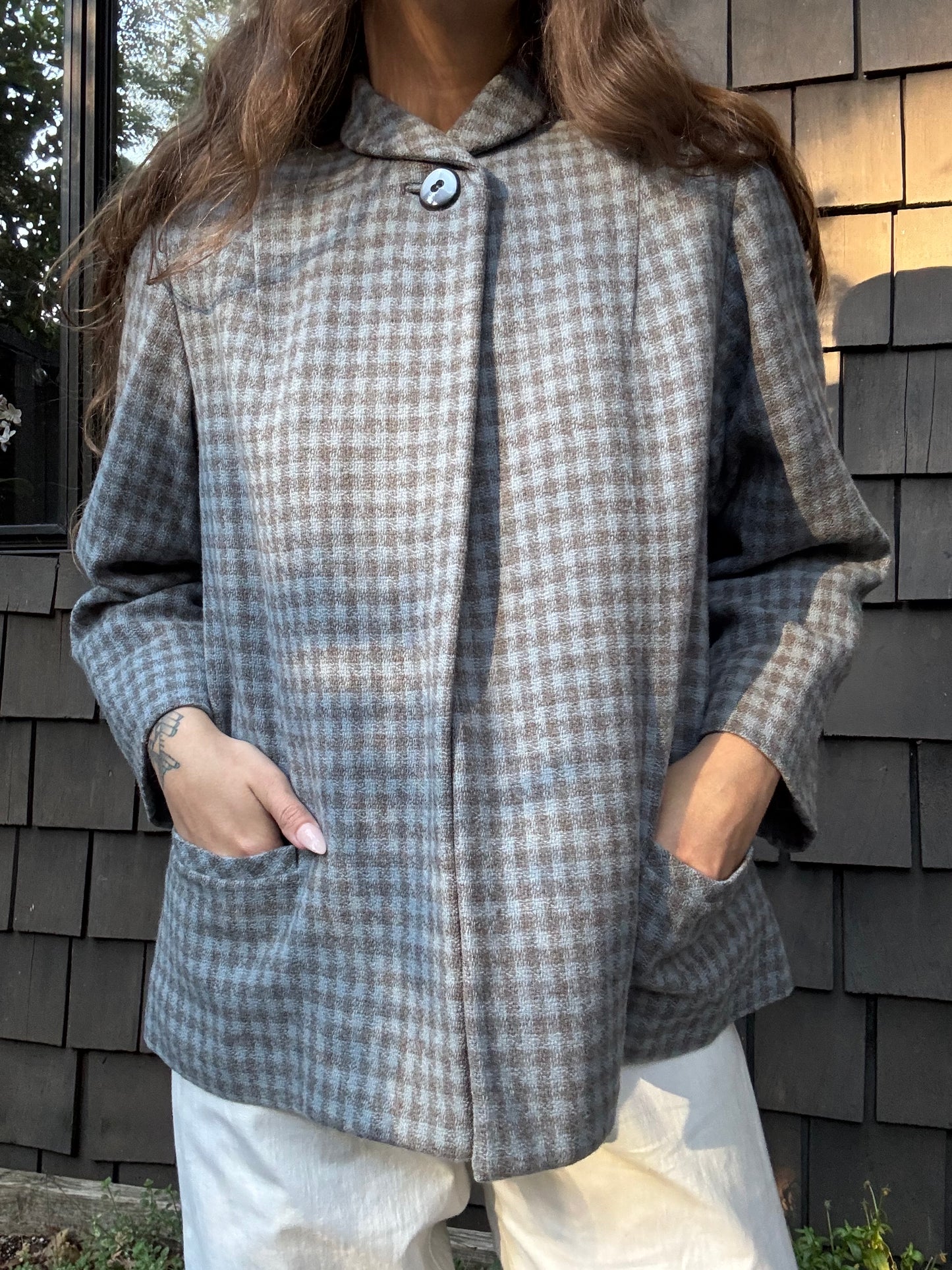 1940s Gingham Wool Bell Sleeve Swing Coat