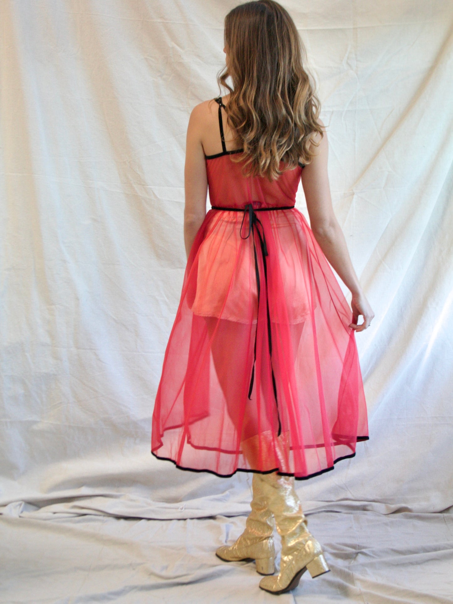 1950s Cherry Red Nylon Faux “Studded” Velveteen Trim Slip Dress