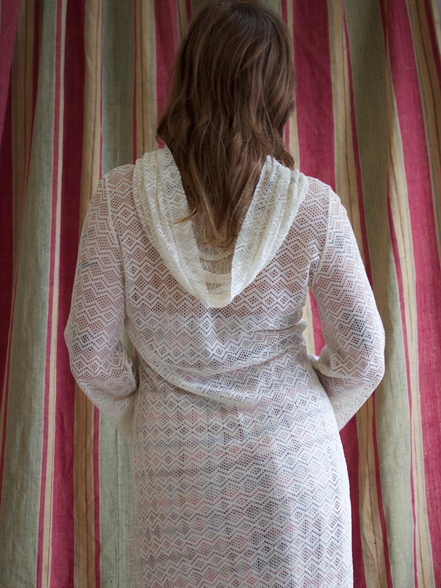 1950s Zip Front Open Knit Weave Hooded Bell Sleeve Beach Dress