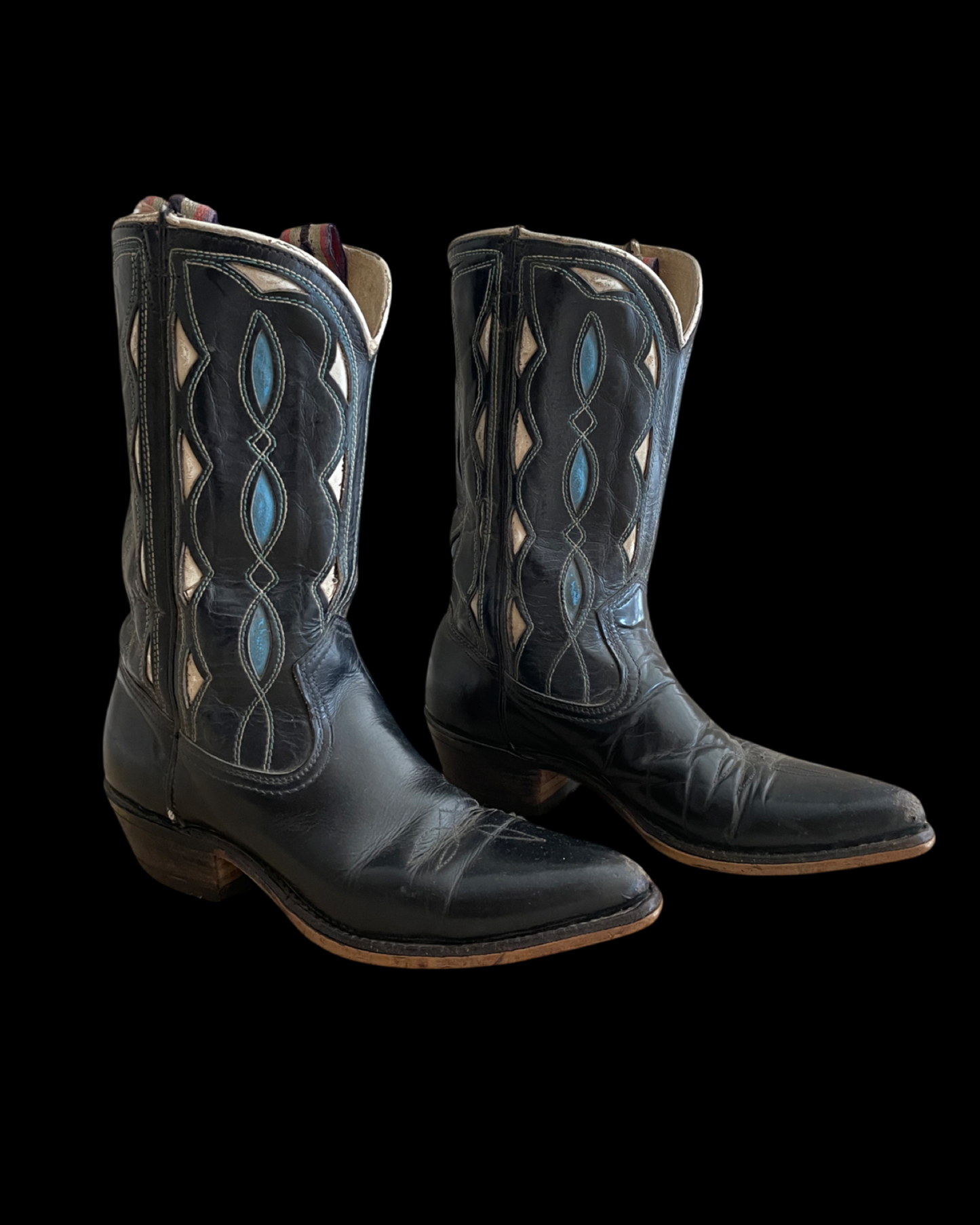 1950s/ 1960s Inlay Black Leather Pull Tab Cowboy Boots