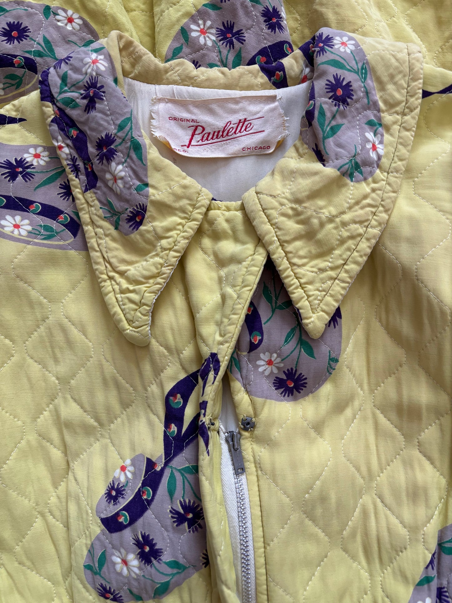 1940s Quilted Novelty Print Palazzo Pant Zip Front Jumpsuit