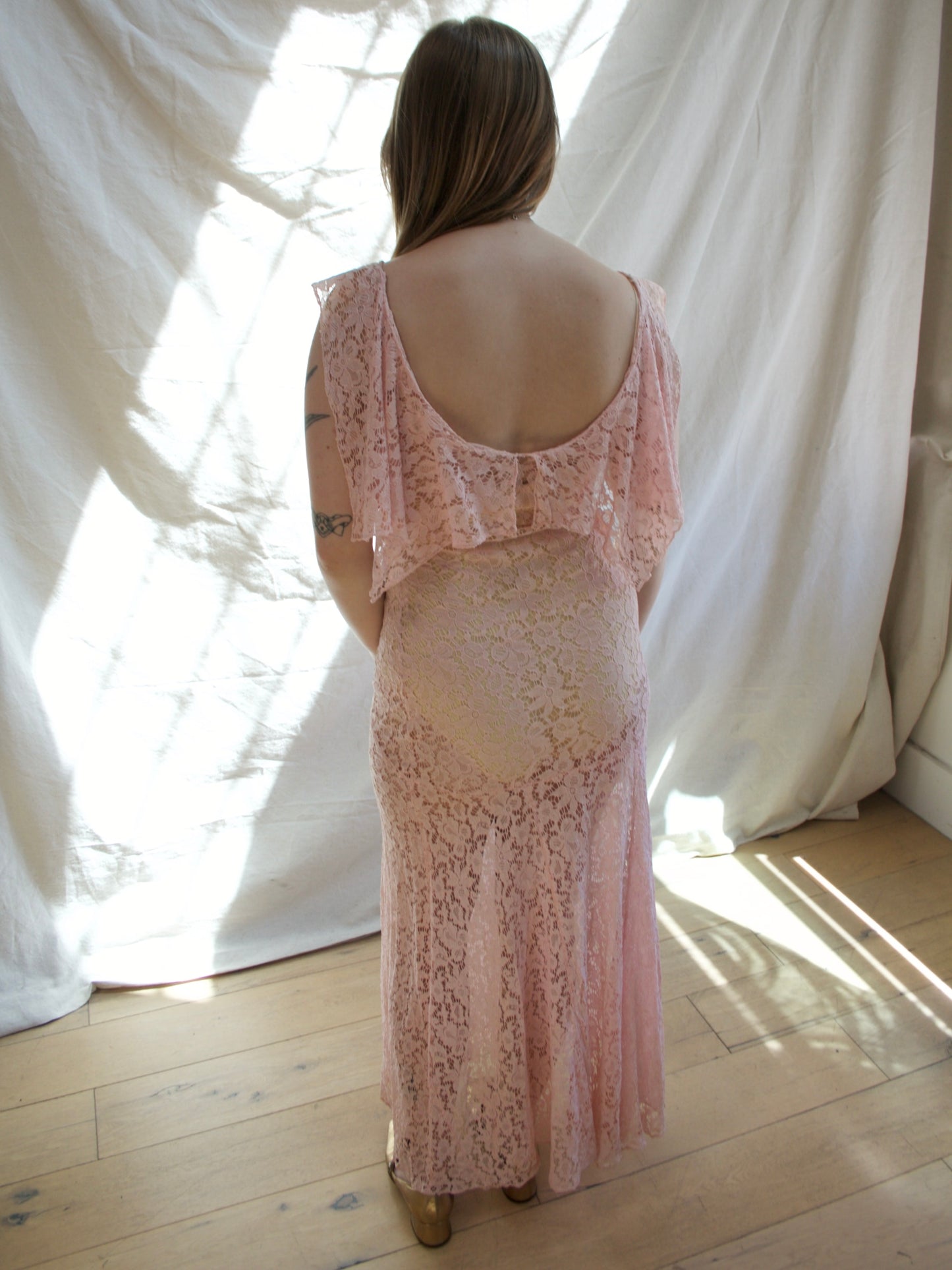 1930s Cowl Neck Bias Pink Lace Low Back Gown