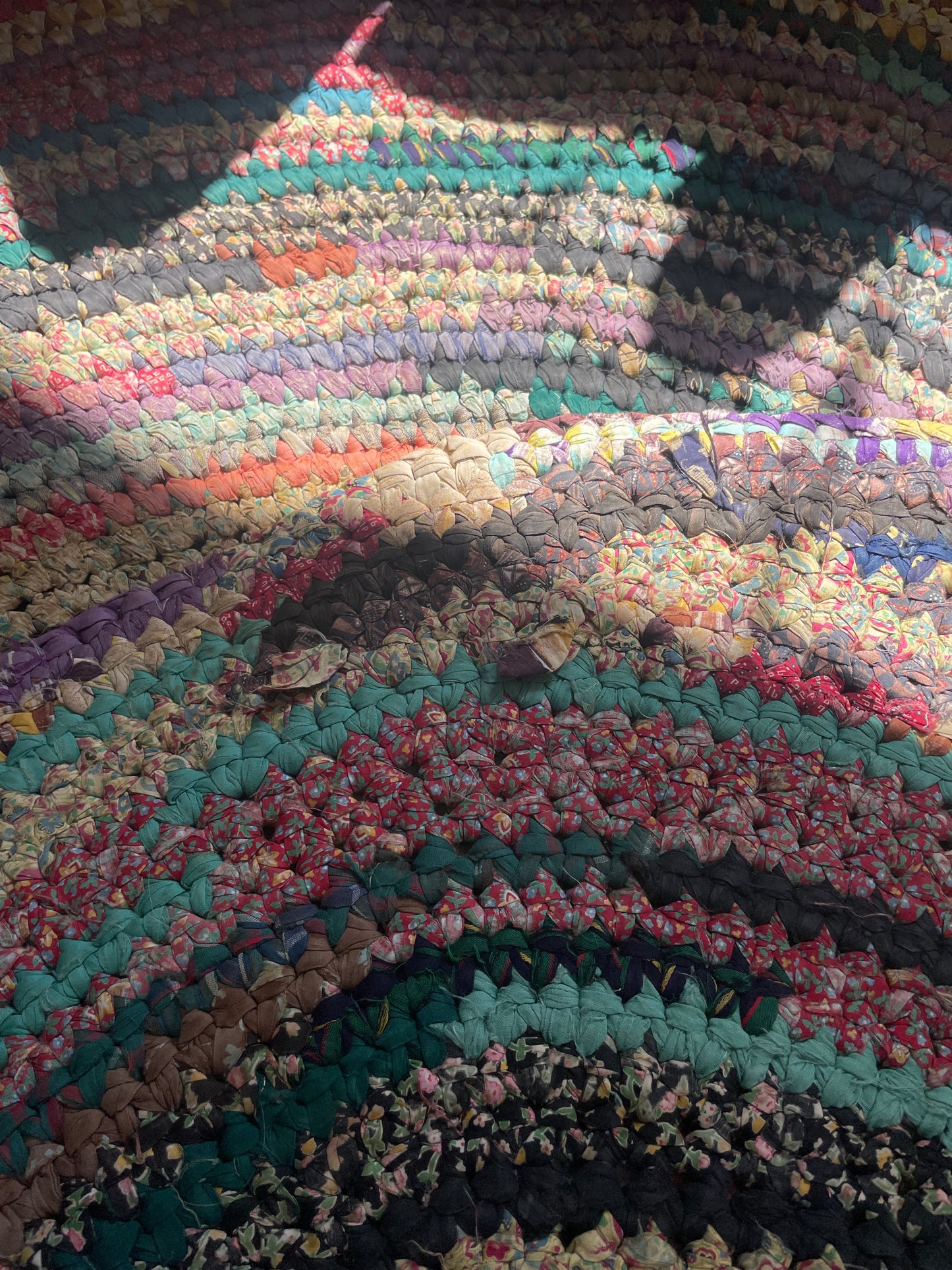 Depression Era Multi-Colored Feedsack Large Oval Area Rag Rug