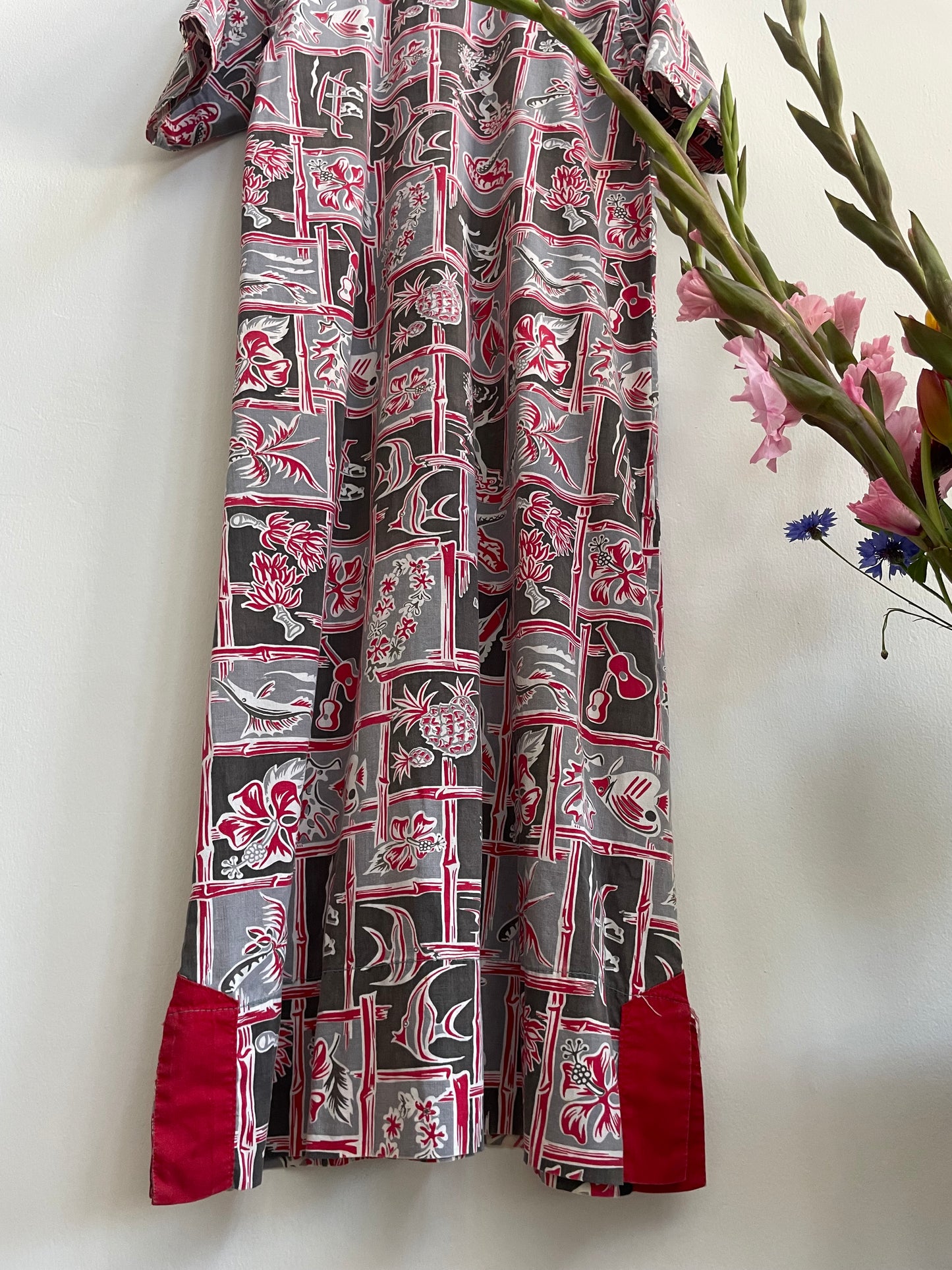 1930s Hawaiian Surf Print Cotton Mandarin Collar Dress