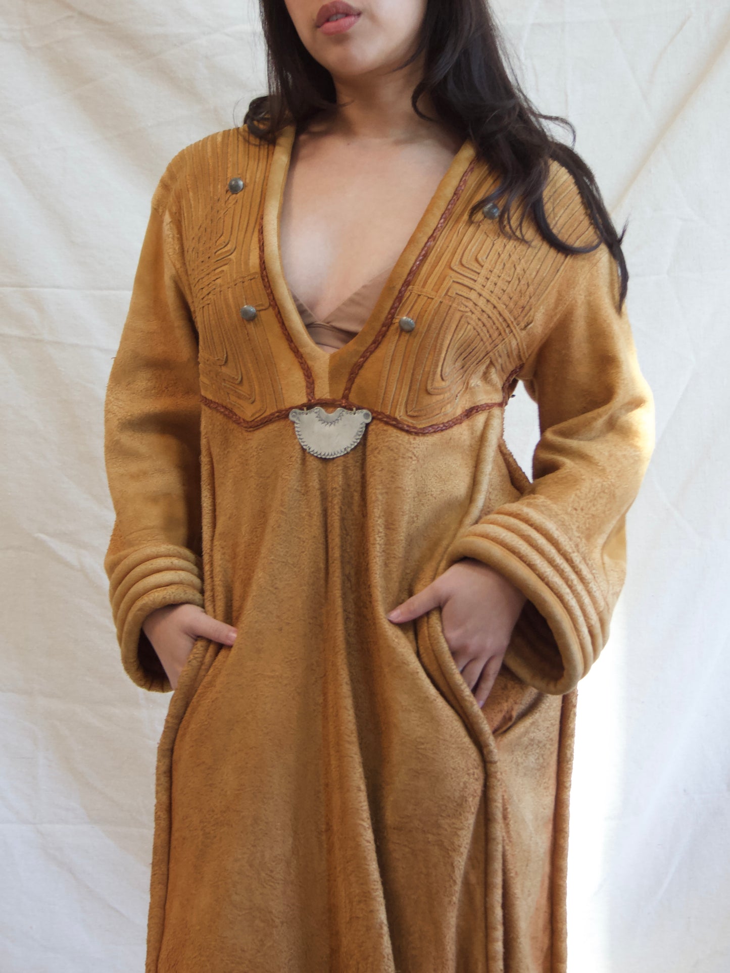 1970s OOAK Hippie Suede Leather Bell Sleeve Dress