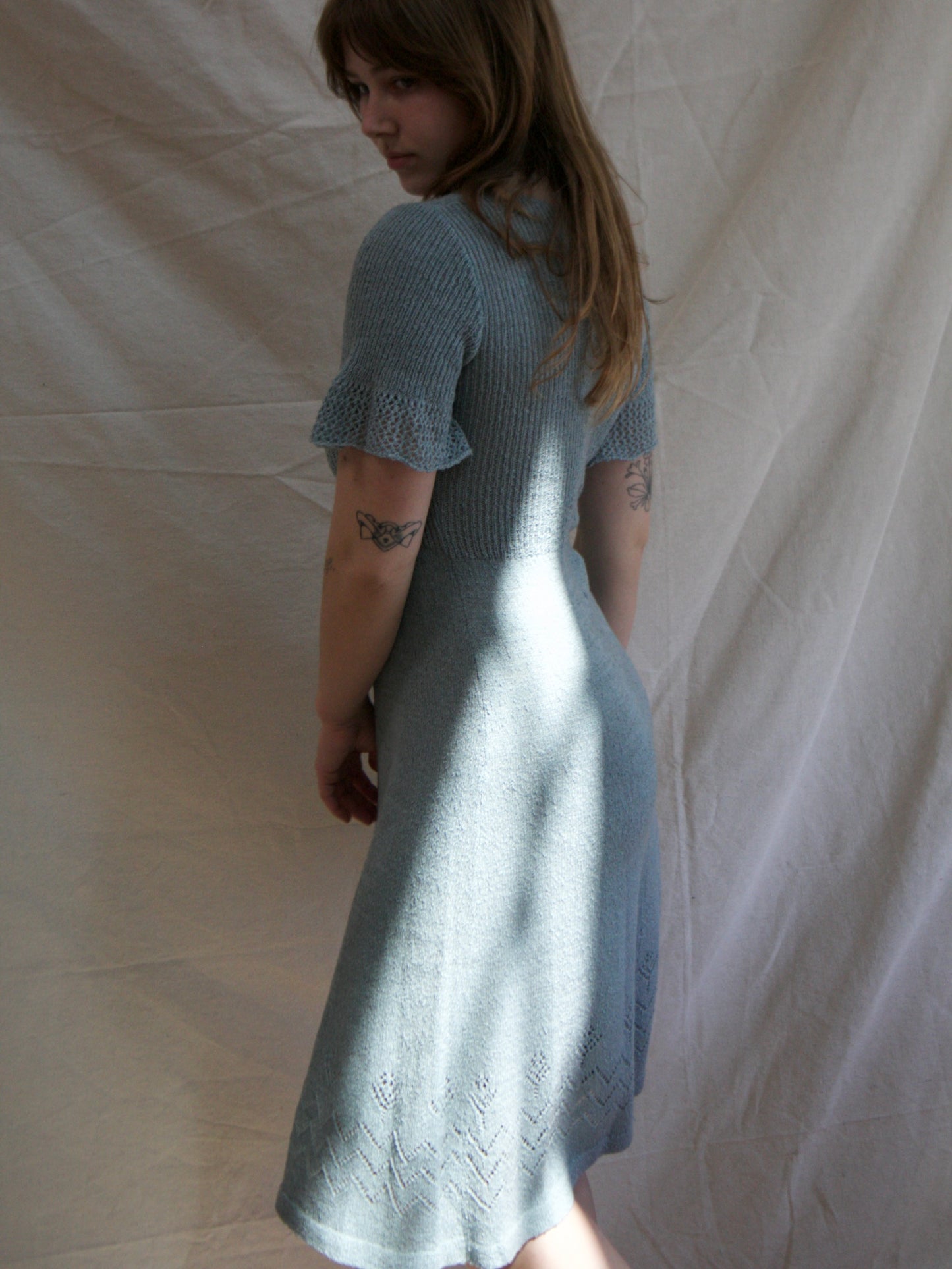 1940s Embroidered Floral Pewter Rayon Knit Dress