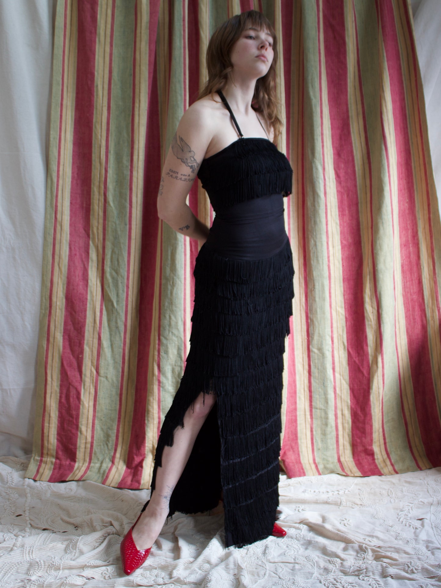 Rare 1940s Halter Style Floor Length Fringe Crepe Gown