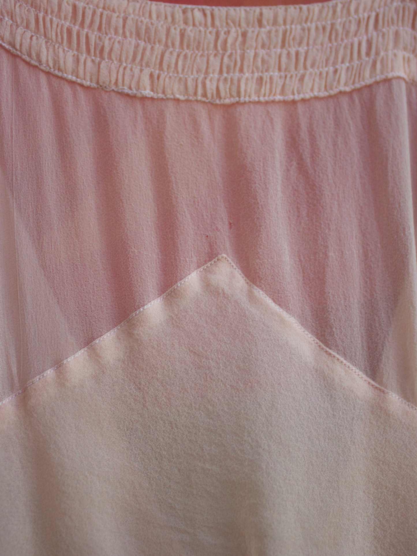 1930s Pale Pink Silk Chiffon Smocked Tie Waist Gown