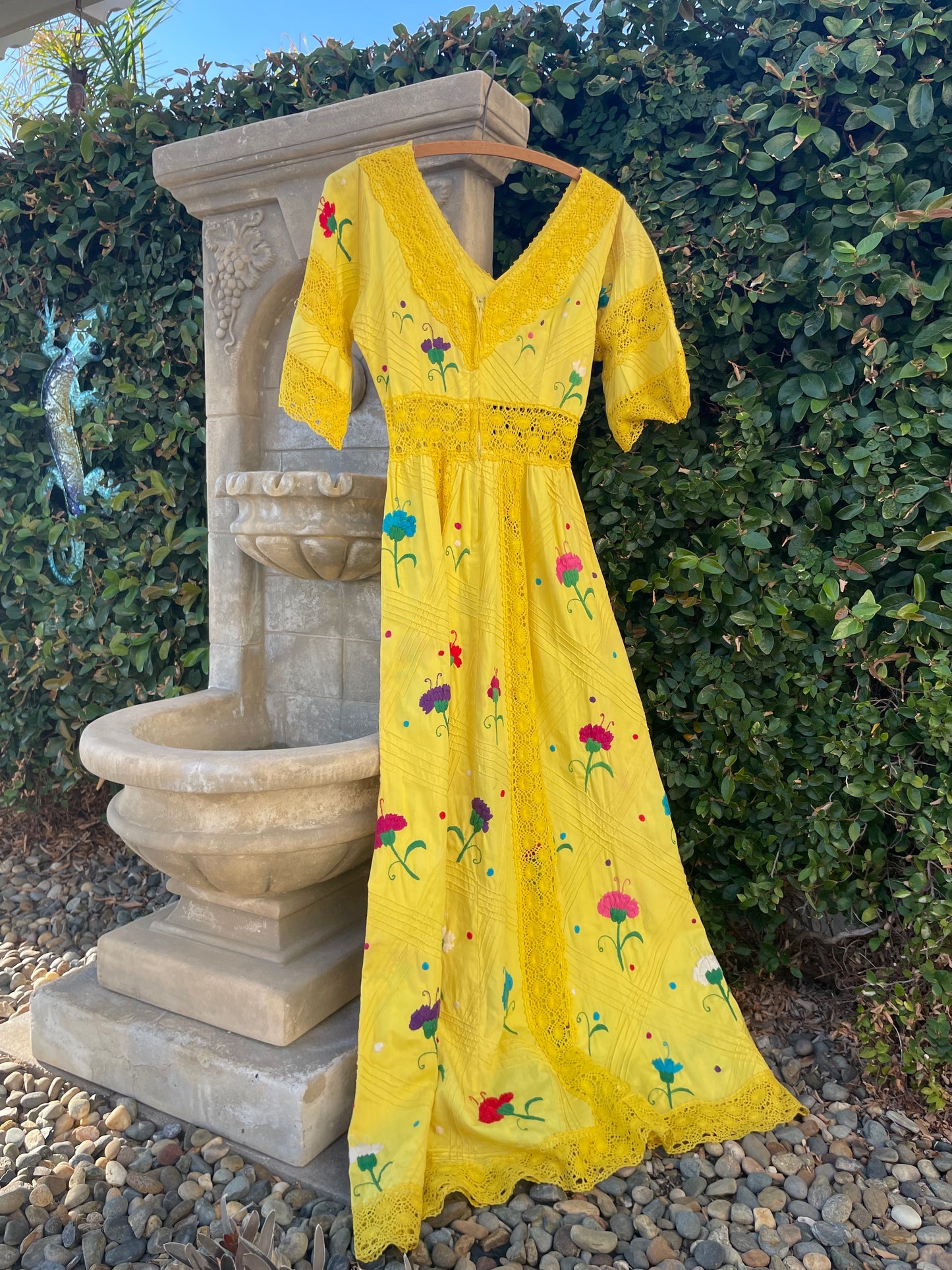 1970s Vibrant Yellow Embroidered Mexican Maxi Length Bell Sleeve Dress