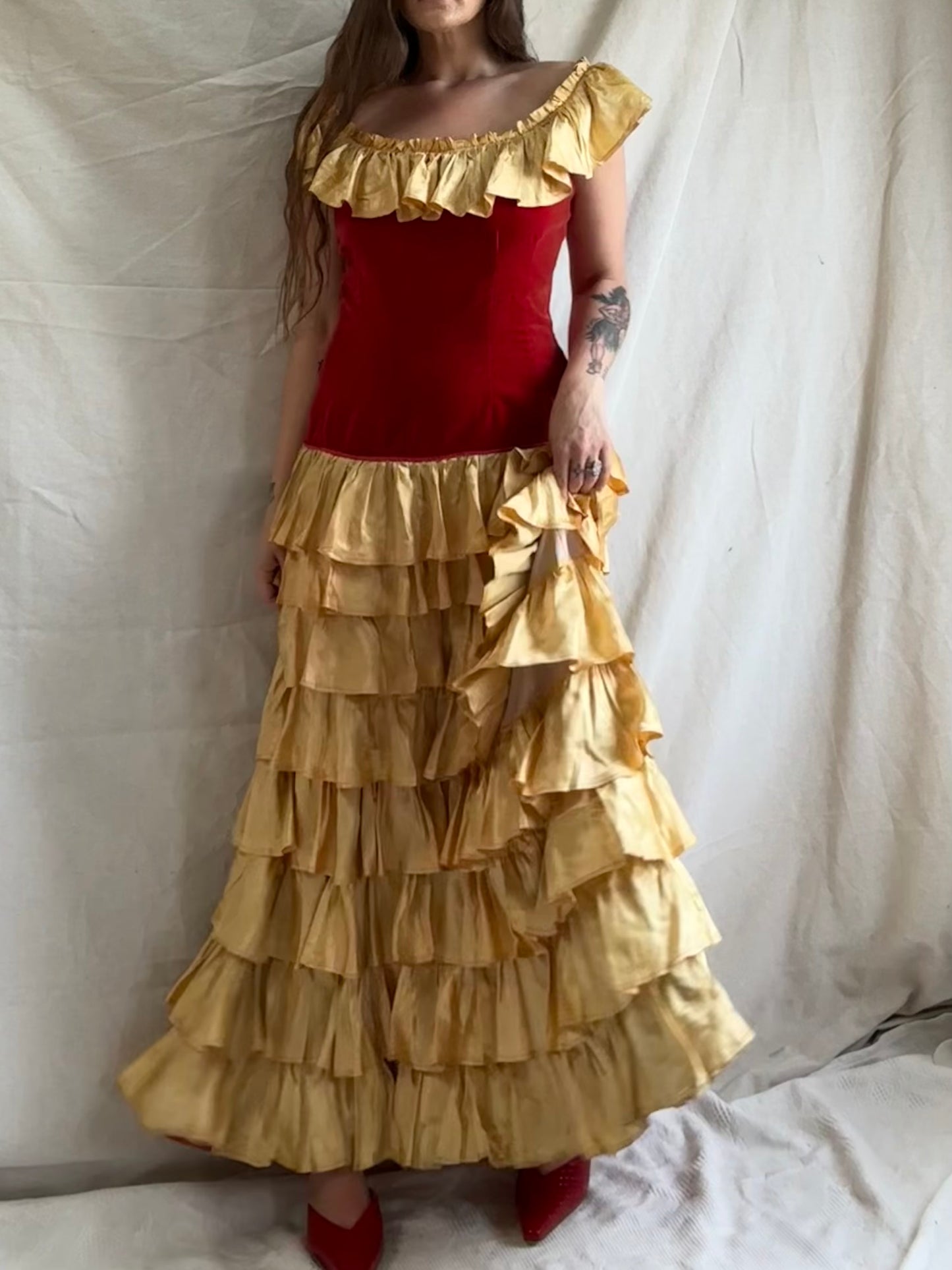 1930s Crimson Velveteen & Gold Liquid Satin Tiered Ruffle Gown