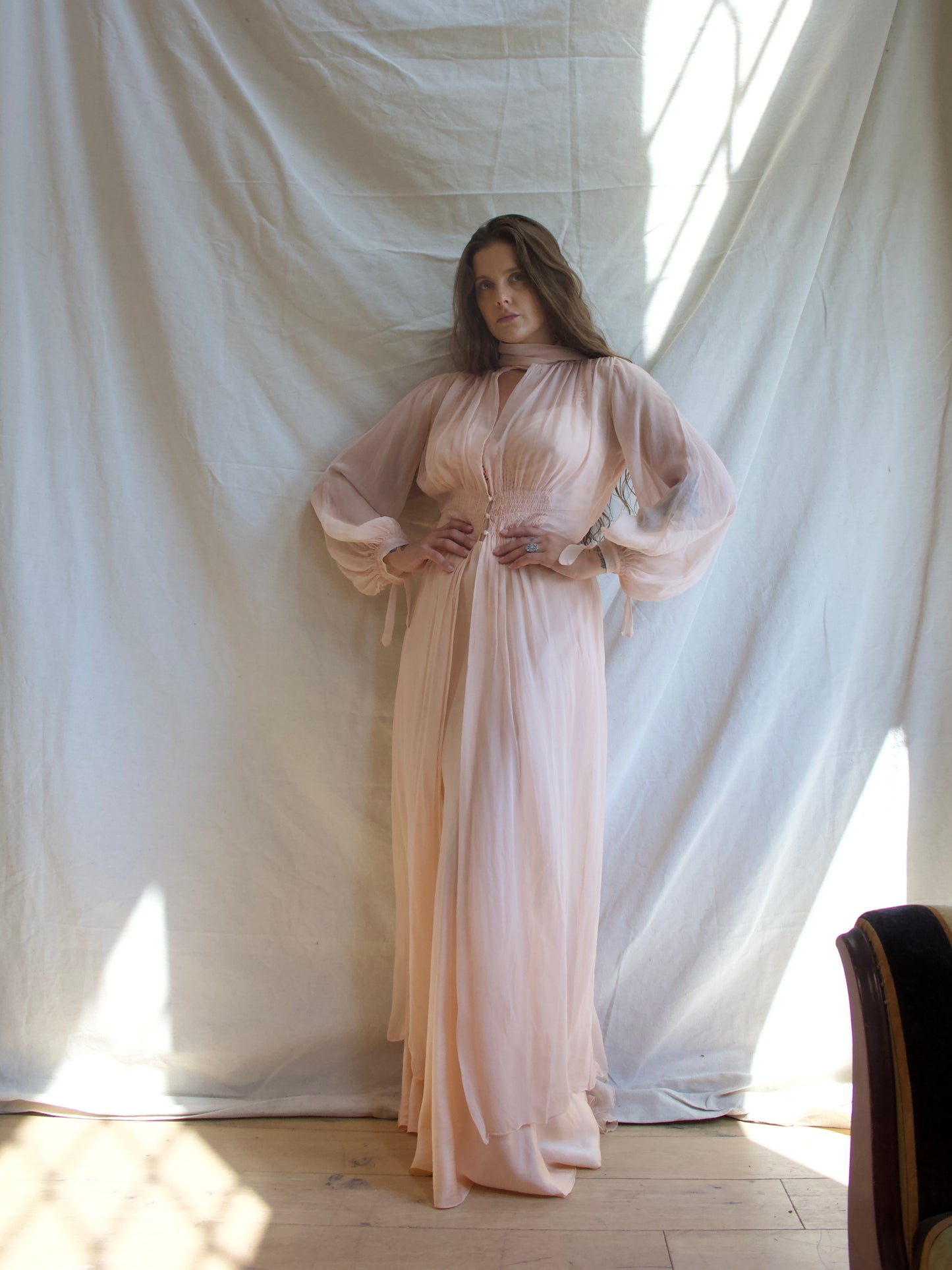 1930s Chiffon Bishop Sleeve Smocked Trained Peignoir