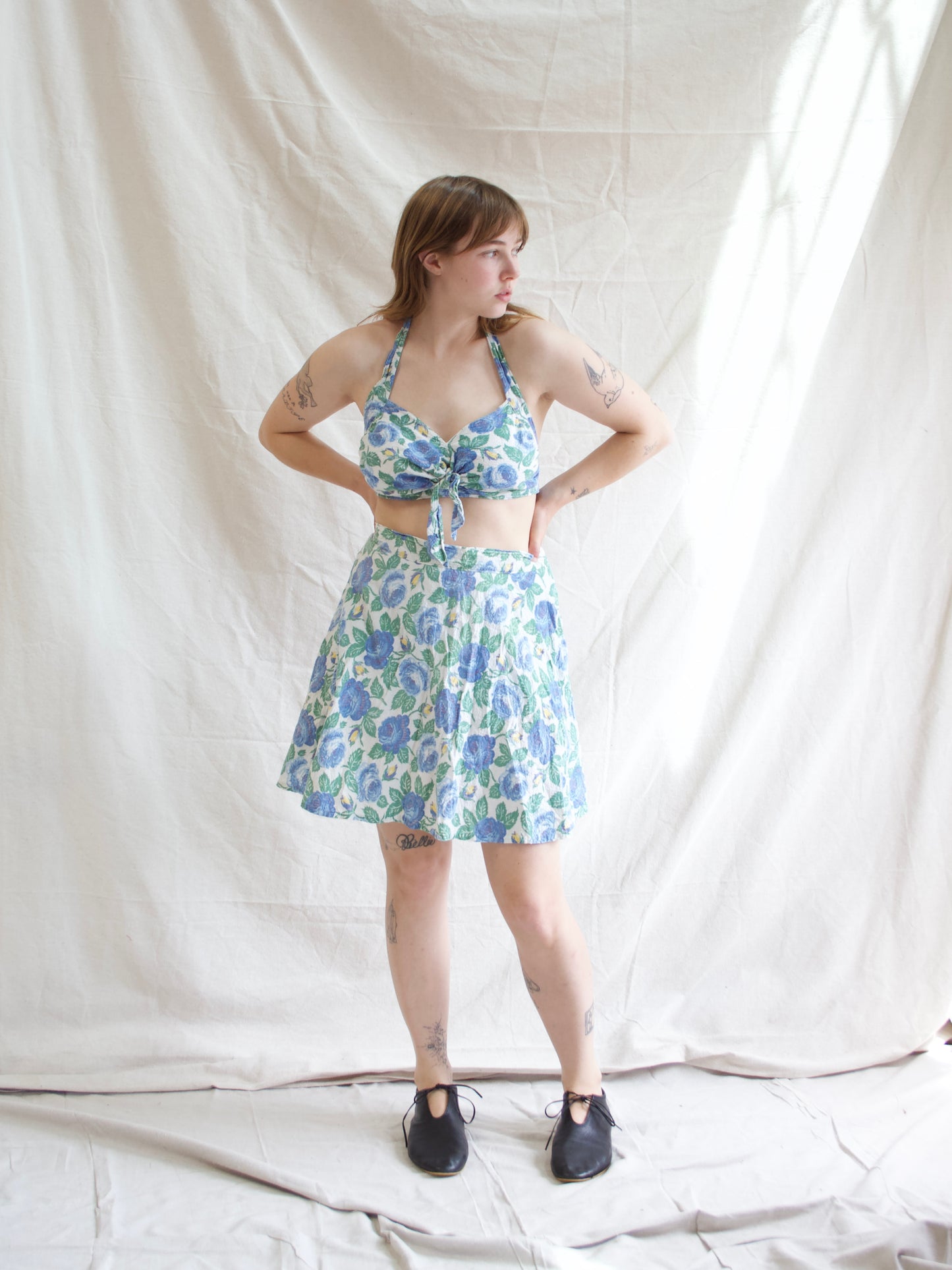 1940s Waffled Cotton Side Button 2 PC Playsuit