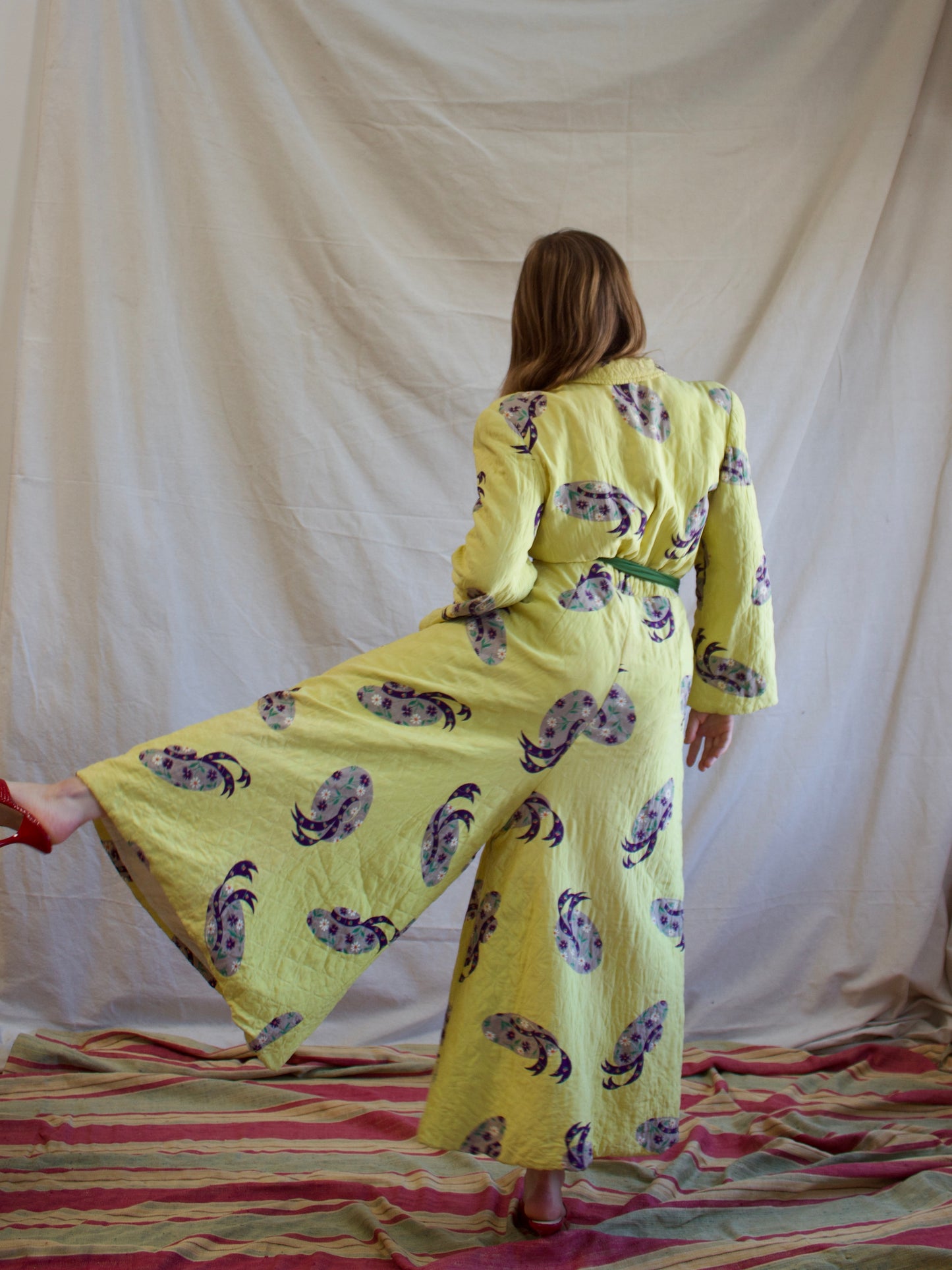 1940s Quilted Novelty Print Palazzo Pant Zip Front Jumpsuit